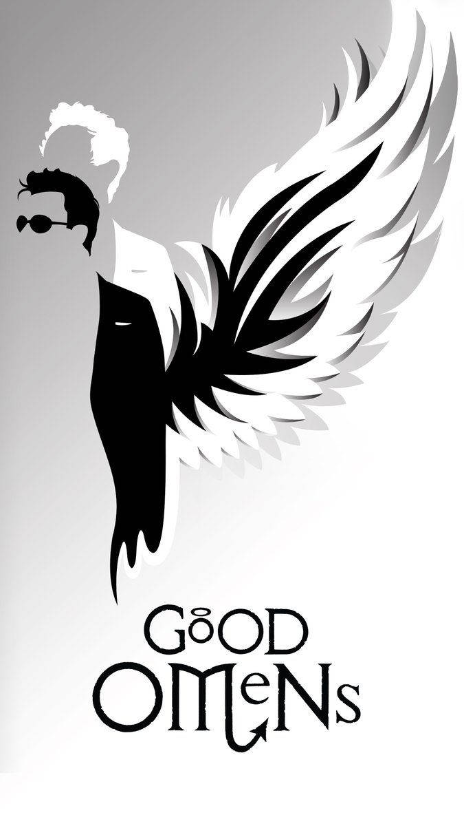 Good Omens 桌布 壁紙 — 一個戴太陽眼鏡、擁有戲劇性翅膀的男士的風格化黑白剪影，背景為漸層色，帶有「Good Omens」文字。