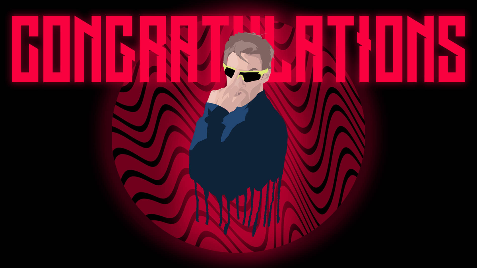 PewDiePie 桌布 壁紙 — 一個戴太陽眼鏡、穿深色外套的時尚男子站在脈動的紅色波浪圖案前，下方有粗體紅色「恭喜」文字。