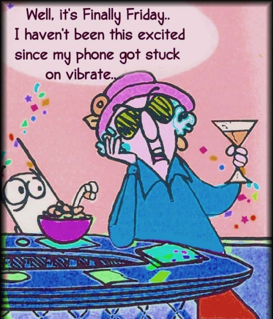 Friday Funny 桌布 壁紙 — 一個戴太陽眼鏡和帽子的卡通女人用雞尾酒乾杯，旁邊桌上放著一碗麥片。