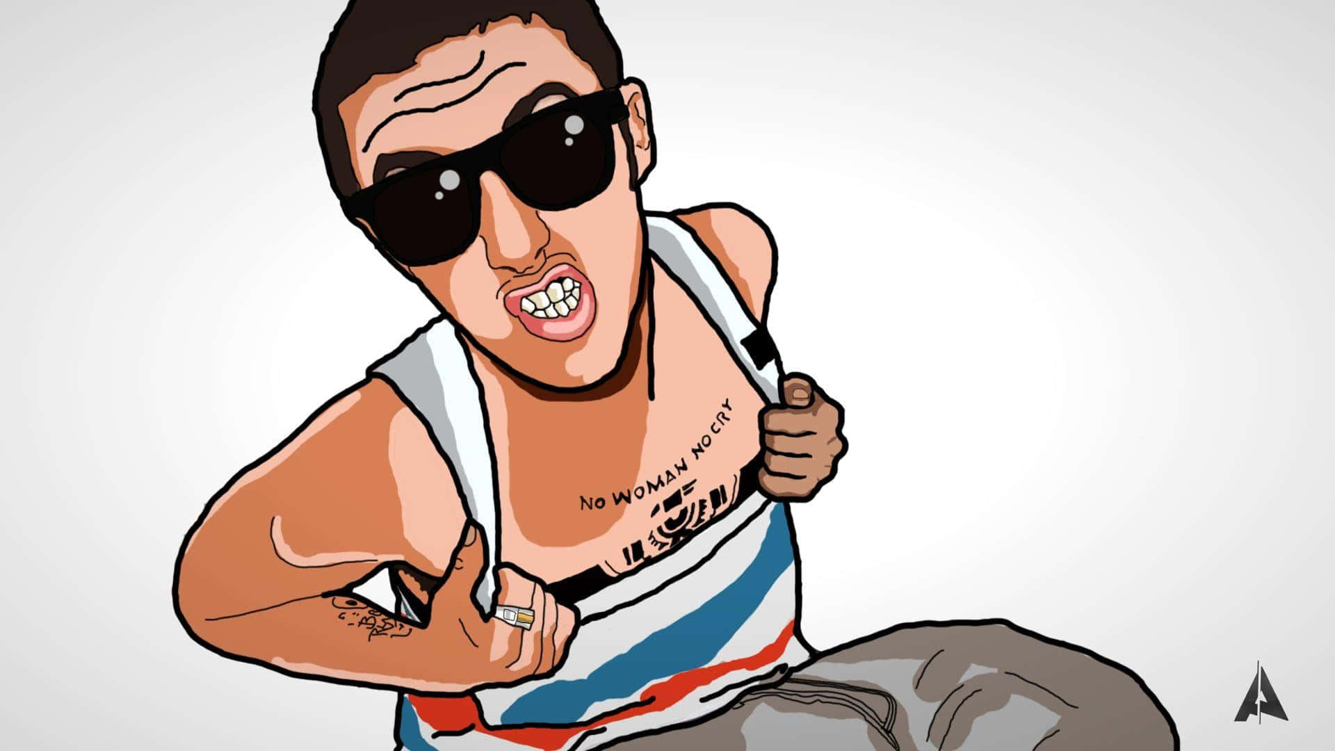 Mac Miller 桌布 壁紙 — 一個戴太陽眼鏡和背心的卡通男人，在純色背景前展示肌肉，帶有刺青和大膽的表情。