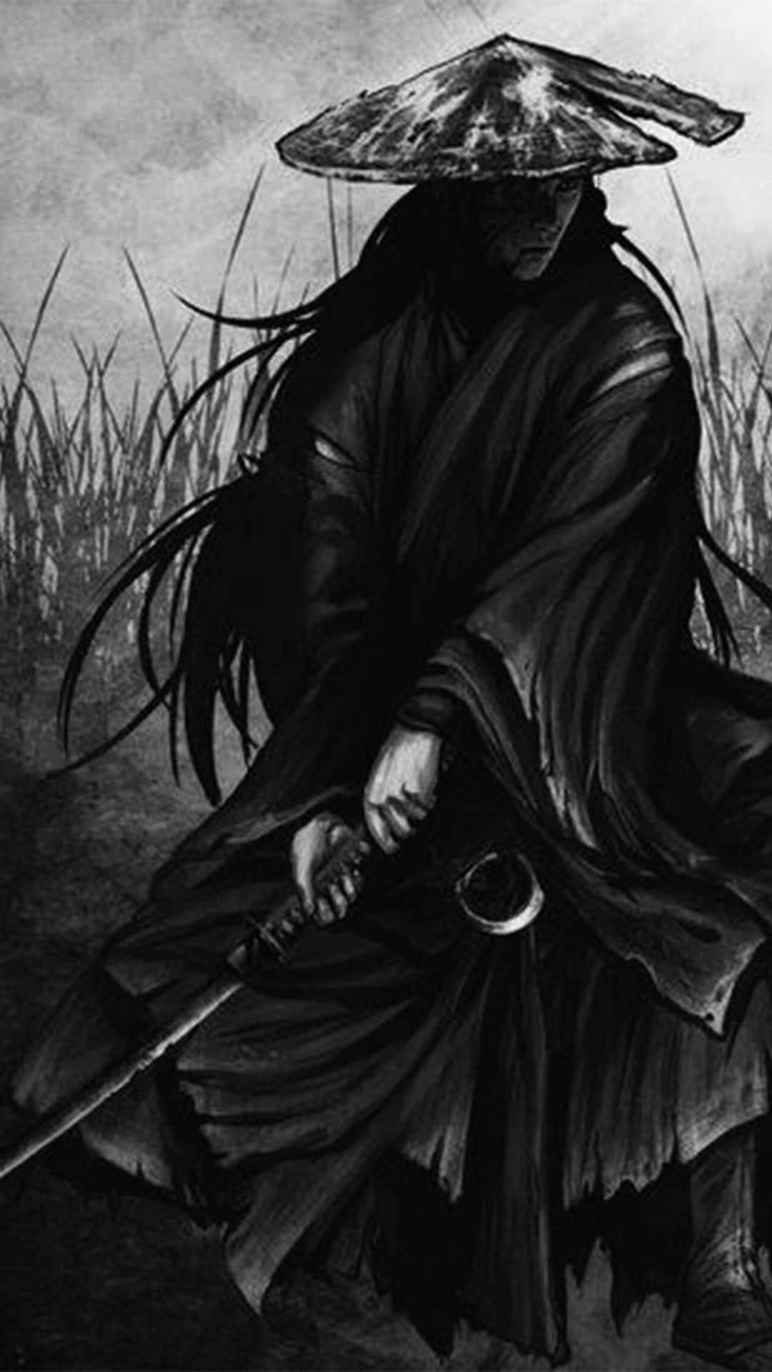 Warrior samurai 壁紙 — 一個戴寬邊帽的孤獨武士，在單色素描中站在高草中手持武士刀。