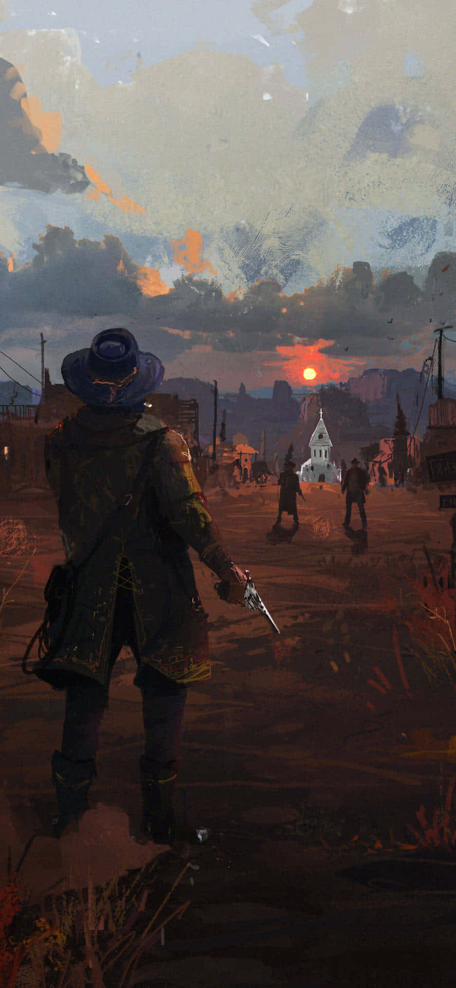 arthur morgan 桌布 壁紙 — 一個戴寬邊帽的孤獨牛仔站在塵土飛揚的西部小鎮，夕陽下手持左輪手槍，剪影人物正走向教堂。
