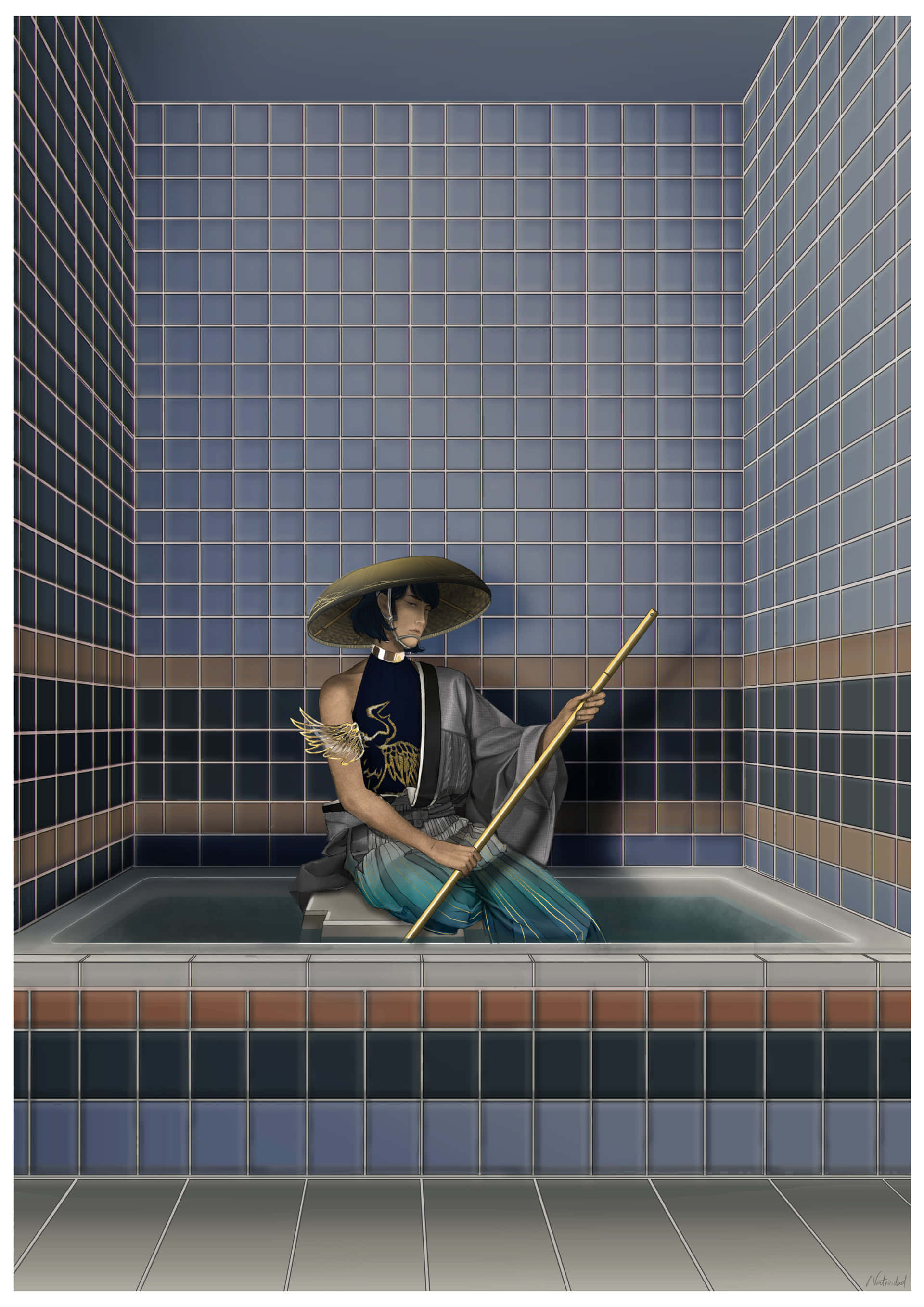 Goemon Ishikawa Xiii 桌布 壁紙 — 一個戴寬邊帽的寧靜動漫風格人物坐在磁磚浴缸中，手持長長的金色法杖。