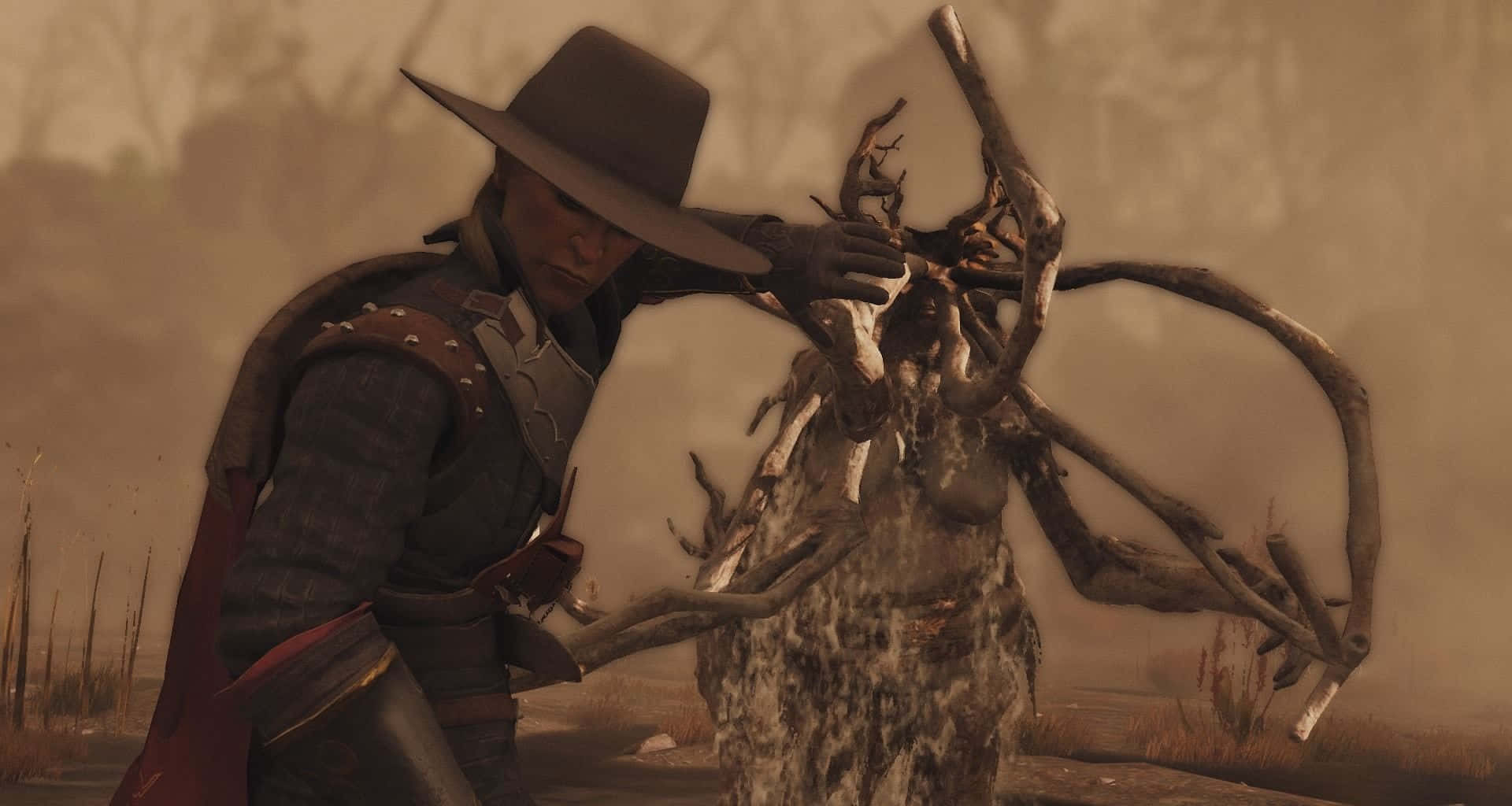 Greedfall 桌布 壁紙 — 一個戴寬邊帽的牛仔在塵土飛揚的棕褐色荒原中抓住一個扭曲的樹狀生物。
