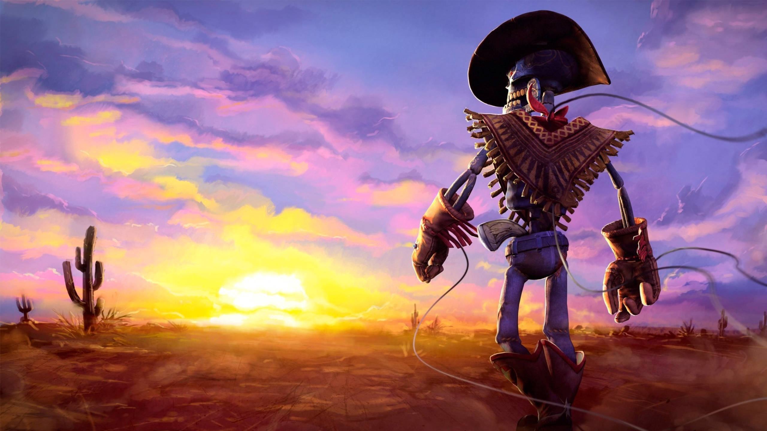 Cowboy 桌布 壁紙 — 一個戴寬邊帽的骷髏牛仔站在沙漠中，夕陽西下，有仙人掌和充滿活力的紫橙色天空。