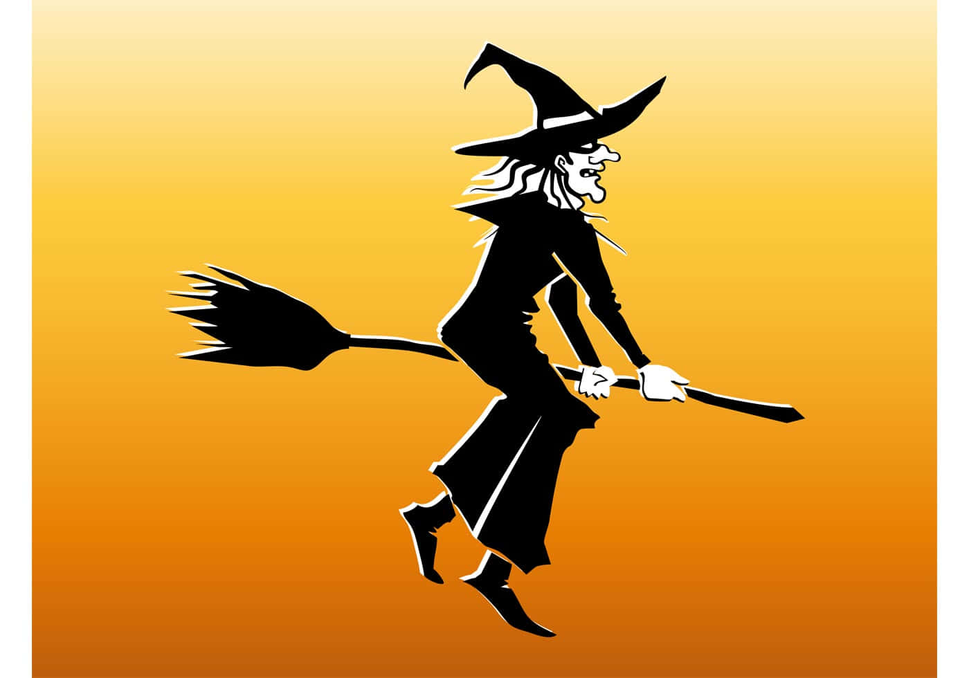 Witches Broom 桌布 壁紙 — 一個戴尖帽的女巫騎著掃帚在橙色漸變背景前飛翔的黑色剪影。