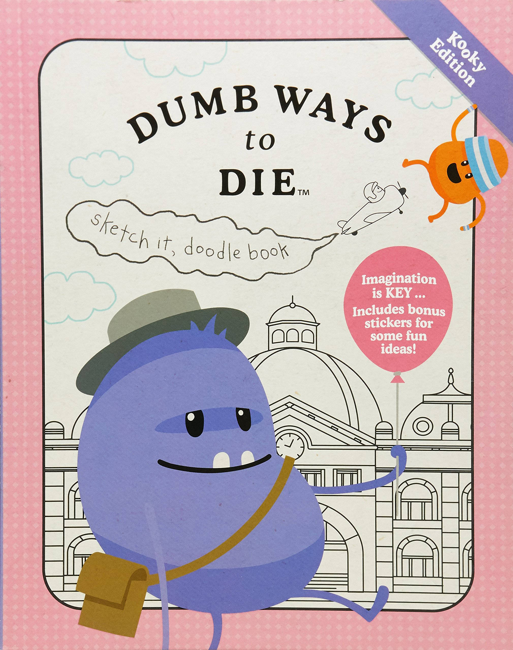 dumb 桌布 壁紙 — 一個戴帽子和提著袋子的快樂藍色卡通角色，在有趣的塗鴉書封面上走過建築物輪廓。