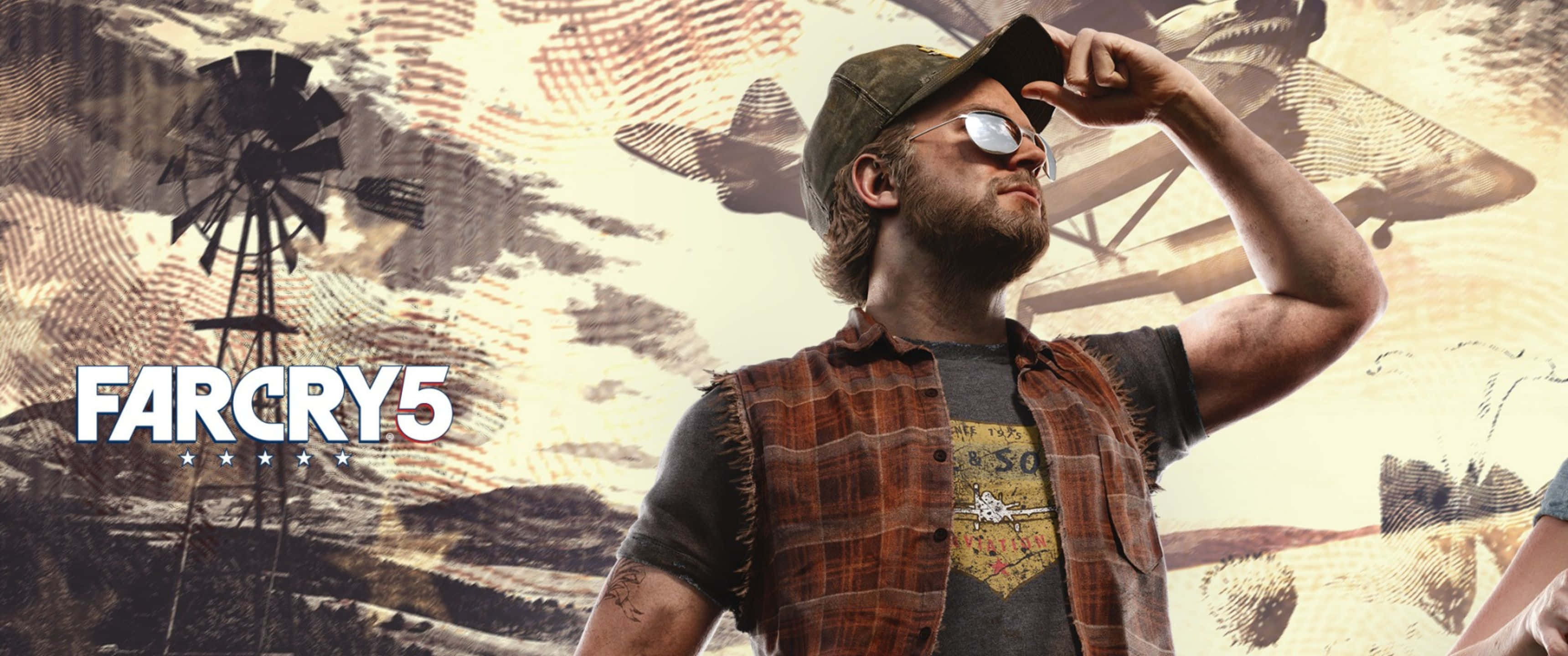 3440x1440p Far Cry 5 桌布 壁紙 — 一個戴帽子和格紋背心的粗獷男人，在一個有風車和飛機的風格化沙漠背景下調整他的太陽眼鏡。