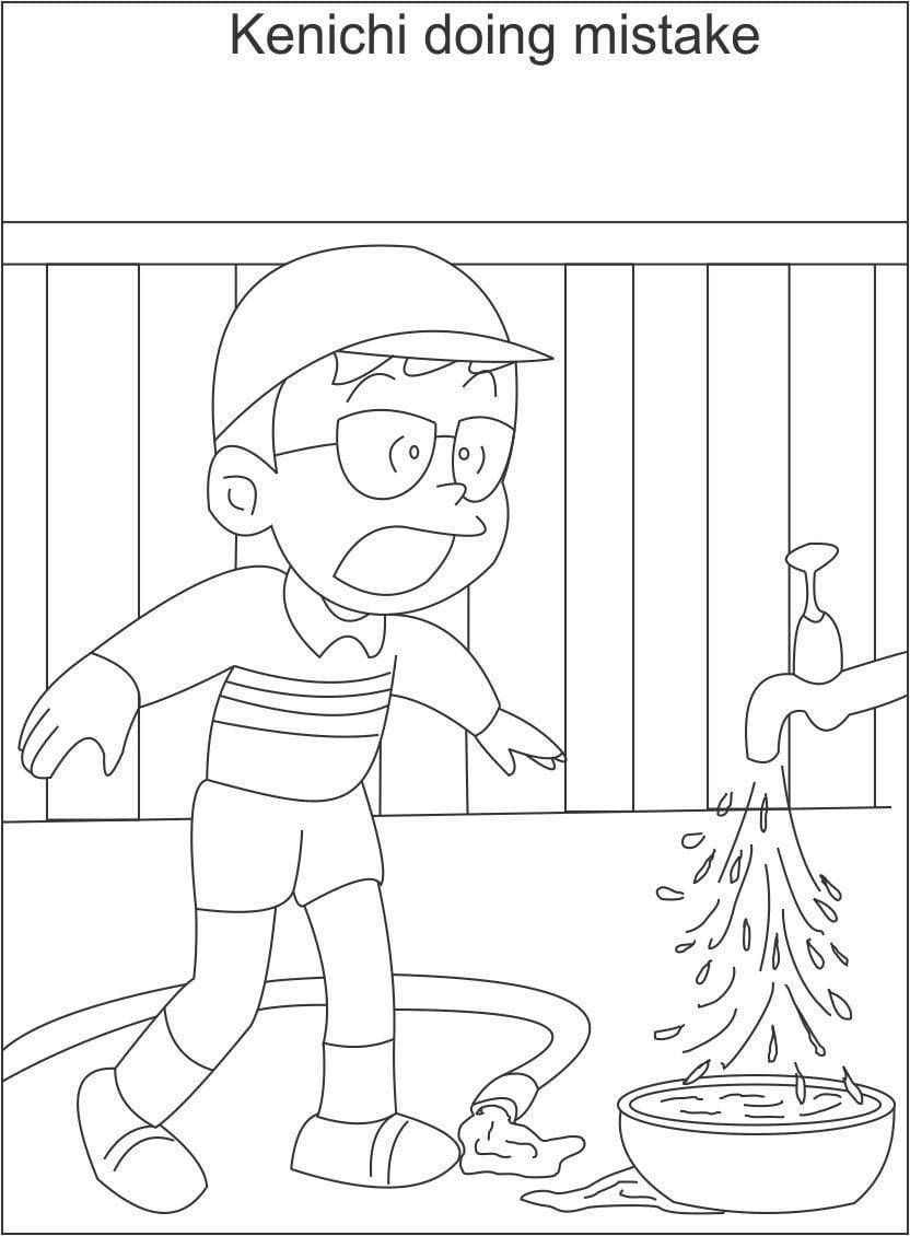 動漫男孩 桌布 壁紙 — 一個戴帽子和眼鏡的男孩震驚地站著，水從水龍頭湧出，流進他已經潑了水的碗裡。