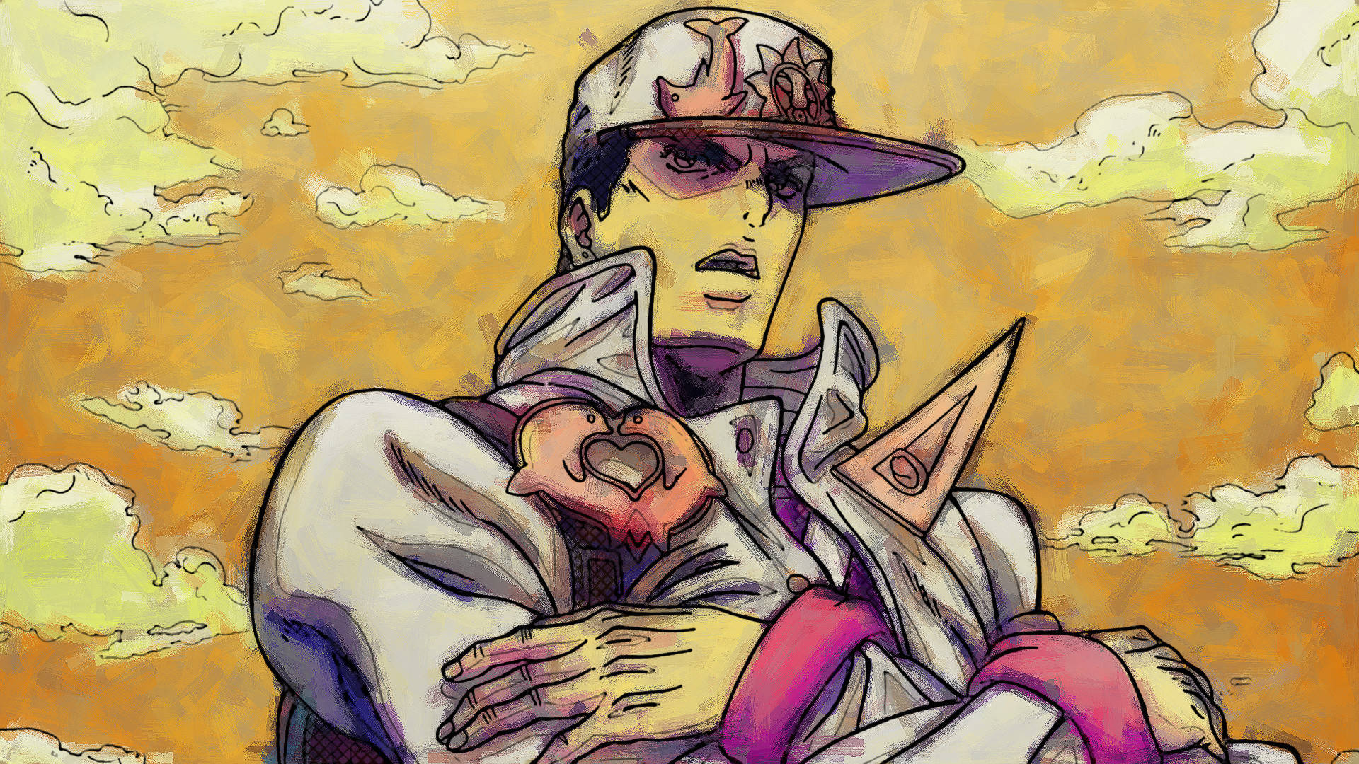 Josuke 桌布 壁紙 — 一個戴帽子和穿外套的風格化動漫角色，在溫暖多雲的天空下抱著一個心形物體。