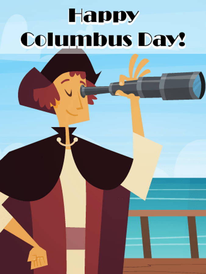 Columbus Day 桌布 壁紙 — 一個戴帽子的卡通探險家從船甲板上透過望遠鏡眺望藍天和海洋。