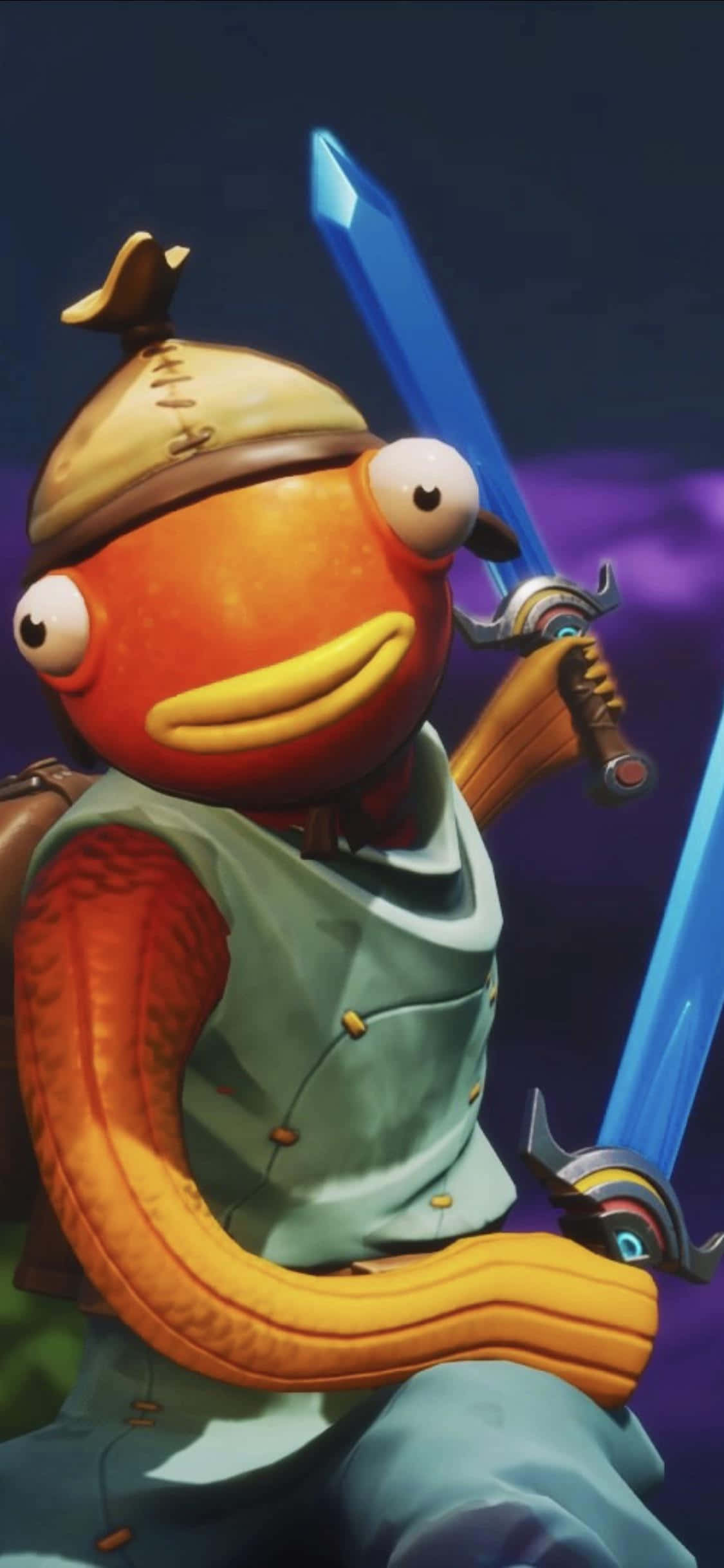 character 桌布 壁紙 — 一個戴帽子的卡通橙色魚戰士，在深紫色天空下揮舞著發光的藍色劍。