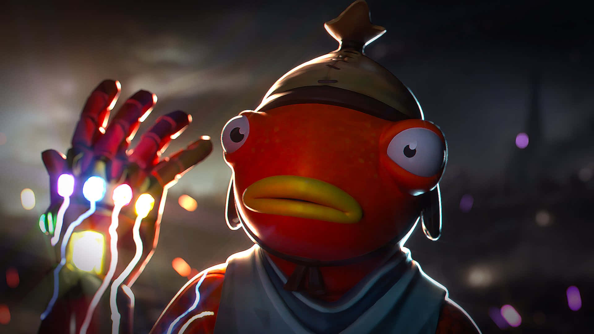 Fortnite Fishstick 桌布 壁紙 — 一個戴帽子的卡通橙色魚角色在黑暗散景背景前舉起發光的無限手套。