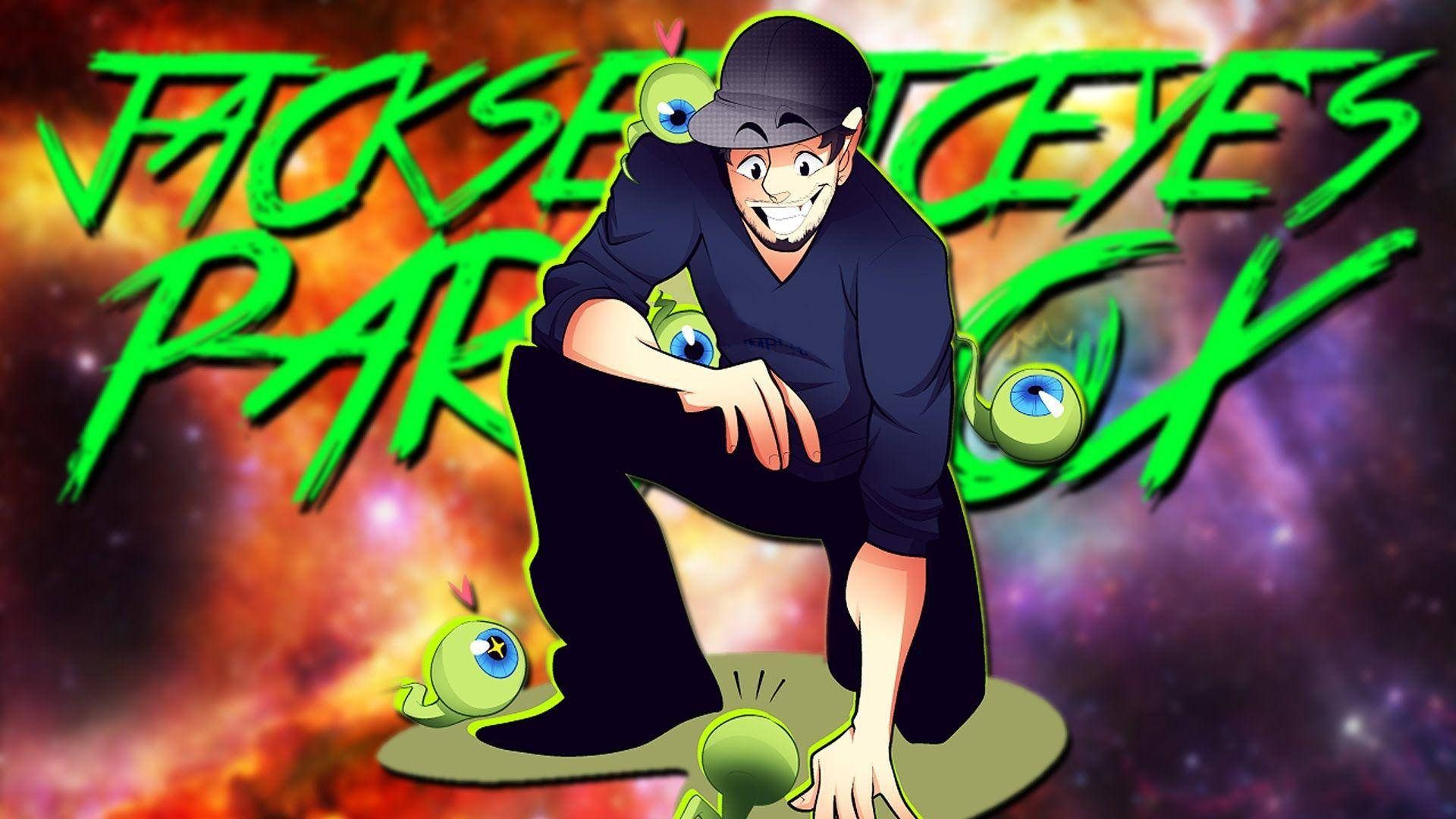 Jacksepticeye 桌布 壁紙 — 一個戴帽子的卡通男人蹲在漂浮的眼球之間，背景是宇宙星雲，帶有發光的綠色文字。