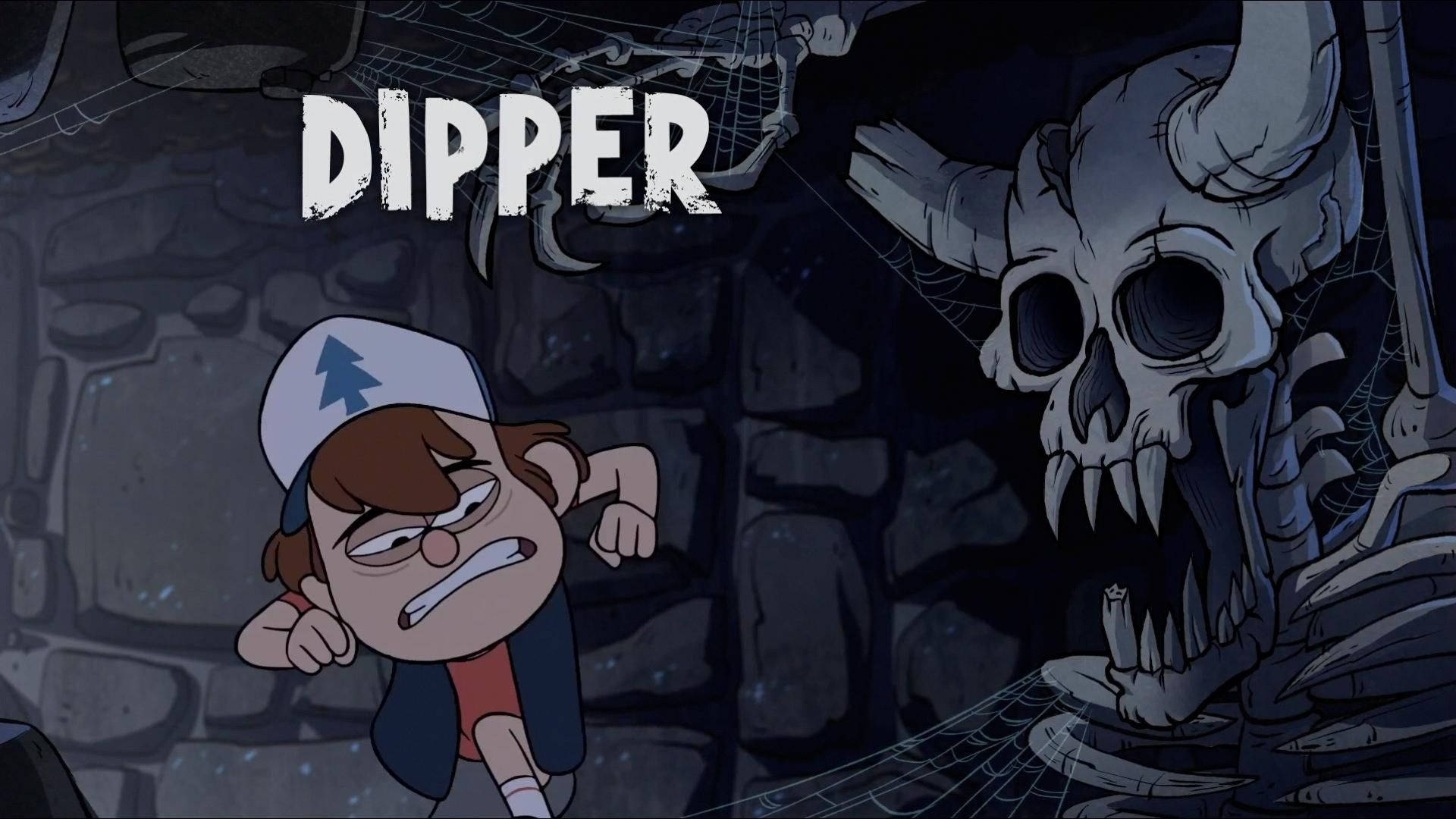 dipper pines 桌布 壁紙 — 一個戴帽子的卡通男孩在黑暗的石頭地牢中驚恐地逃離一個巨大的威脅性頭骨。
