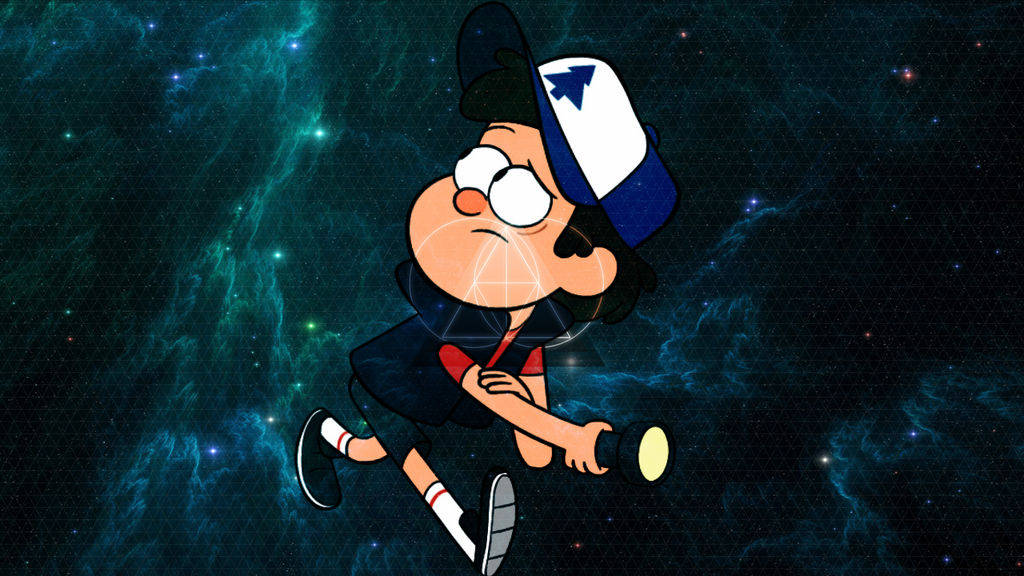 dipper pines 桌布 壁紙 — 一個戴帽子的卡通男孩拿著手電筒穿過充滿活力的宇宙星雲奔跑。
