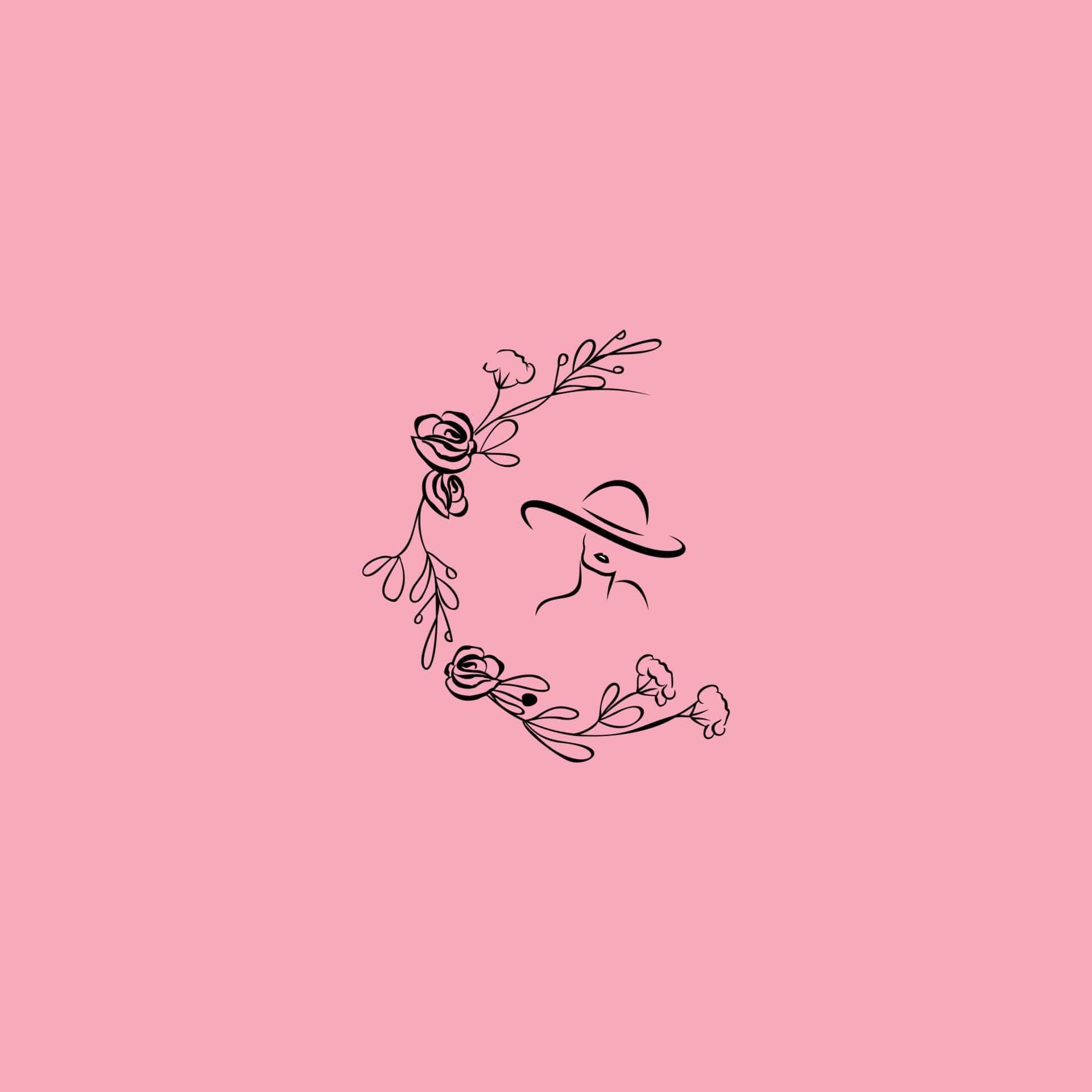 Beauty Salon 桌布 壁紙 — 一個戴帽子的女性簡約黑色線條畫，以花卉花環框在柔和的粉紅色背景上。