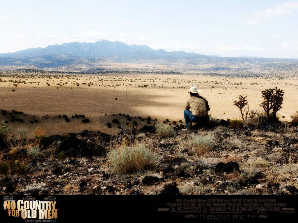 Hollywood Movie 桌布 壁紙 — 一個戴帽子的孤獨牛仔坐在乾旱的沙漠地形上，在廣闊蒼白的天空下凝視遠山。