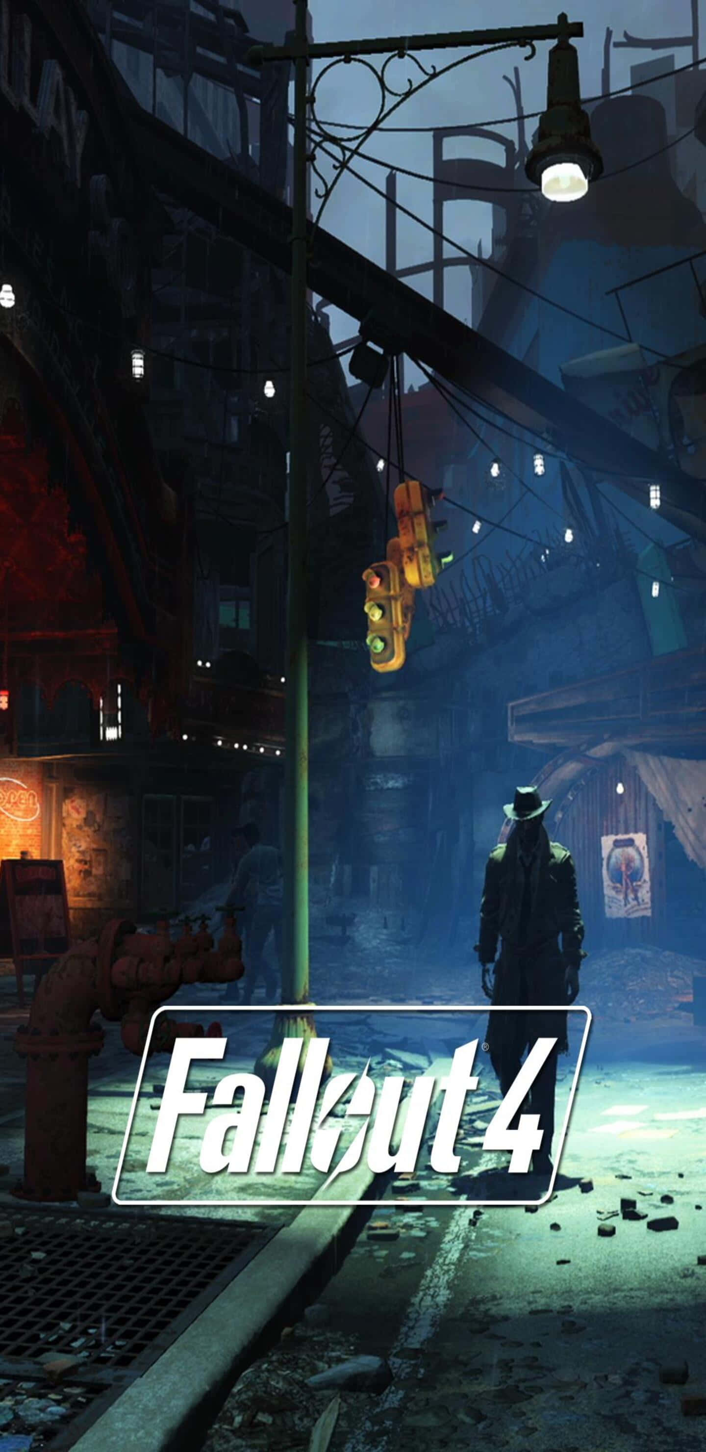 Pixel 3xl Fallout 76 桌布 壁紙 — 一個戴帽子的孤獨身影，在懸掛的交通燈下，走在一條霓虹燈照亮、末日後的街道上。