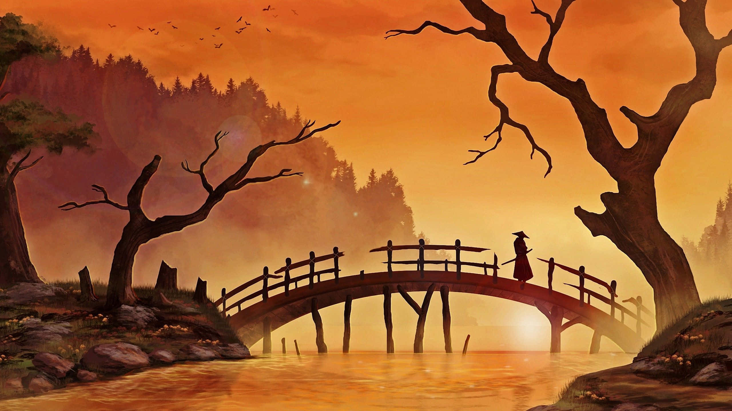 Painting 桌布 壁紙 — 一個戴帽子的孤獨身影在日落時分走過木橋，周圍是光禿禿的樹木和發光的橙色天空。