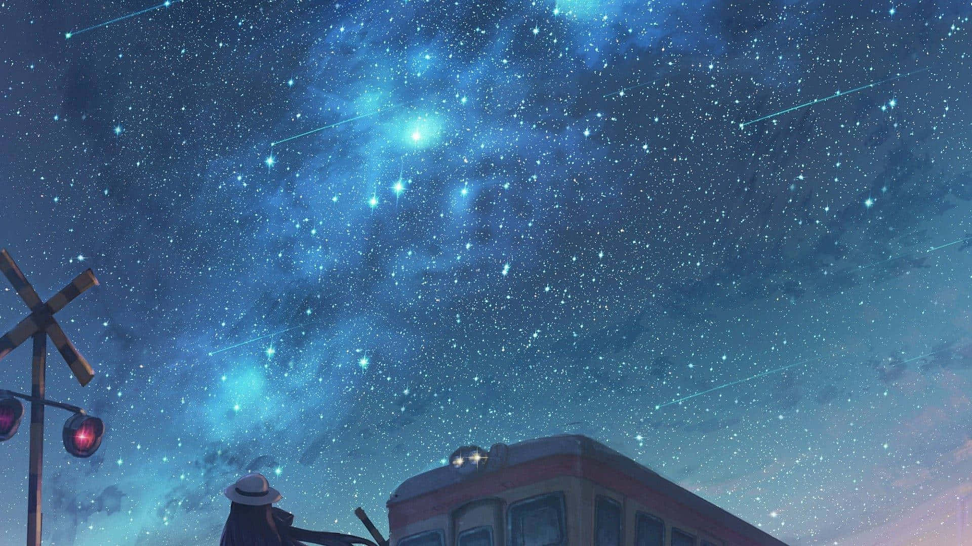 Night Anime 桌布 壁紙 — 一個戴帽子的孤獨身影站在火車旁，在令人嘆為觀止的星空下，滿是發光的星雲和流星。