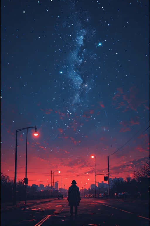 Twilight Watcher City Dreams 4K 壁紙 — 一個戴帽子的孤獨身影站在空無一人的街道上，天空是充滿星星和發光銀河的鮮紅色和深藍色。