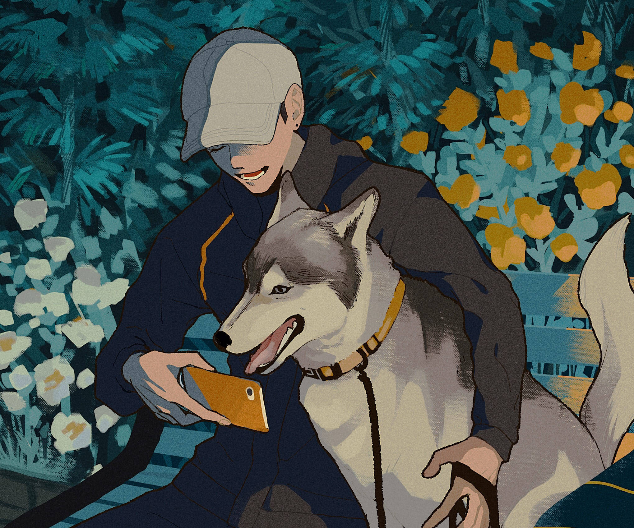 動漫狗 桌布 壁紙 — 一個戴帽子的年輕人在充滿活力的藍色和黃色花叢中與一隻快樂的哈士奇分享電話時刻。