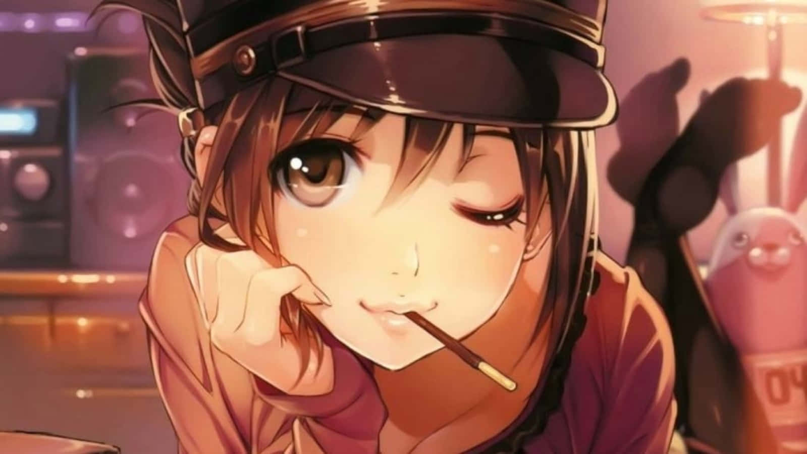 動漫 桌布 壁紙 — 一個戴帽子的年輕動漫女孩在溫暖的房間裡懶洋洋地抽煙。