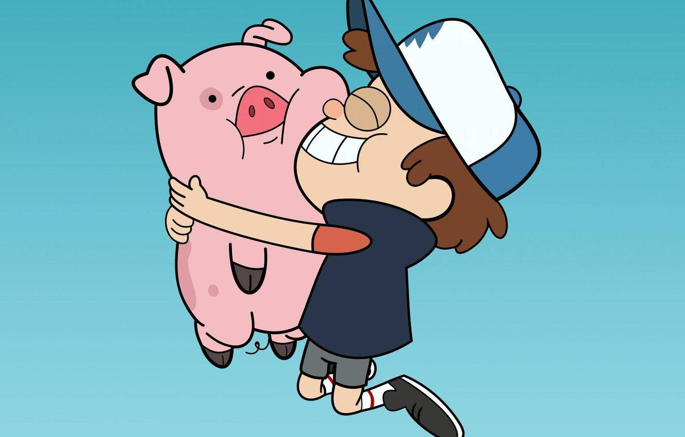 dipper pines 桌布 壁紙 — 一個戴帽子的快樂卡通男孩在純青色背景上擁抱一隻微笑的粉紅色豬。