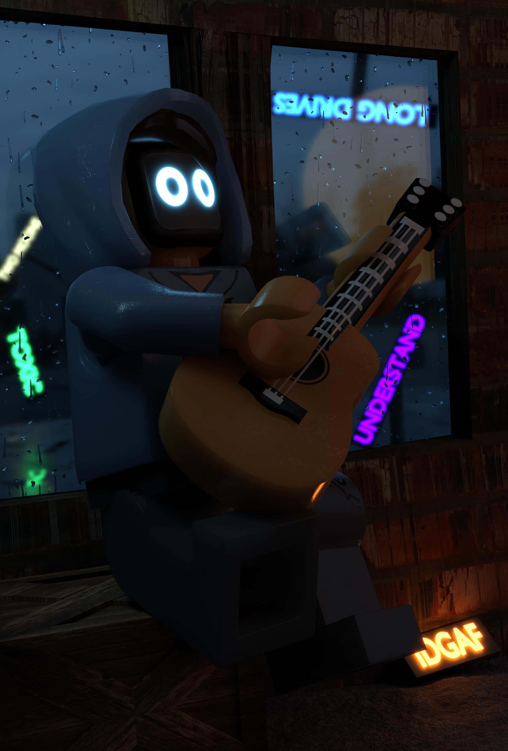 Boywithuke 桌布 壁紙 — 一個戴帽子的機器人，眼睛發光，在雨夜酒吧中彈吉他，霓虹燈牌在濕窗上反射。