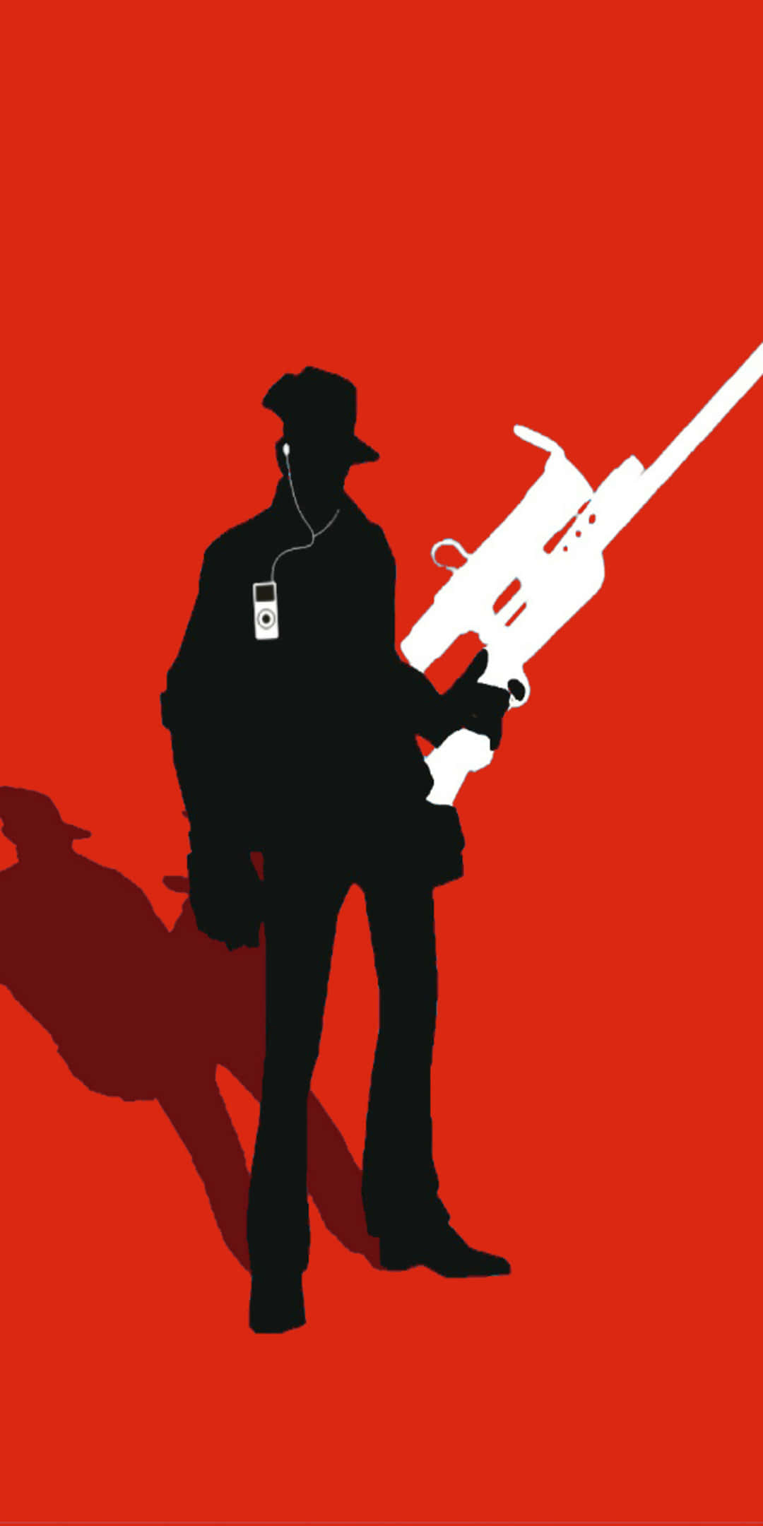 Tf2 桌布 壁紙 — 一個戴帽子的男人手持白色步槍，在鮮紅色背景上投射出陰影的清晰黑色剪影。