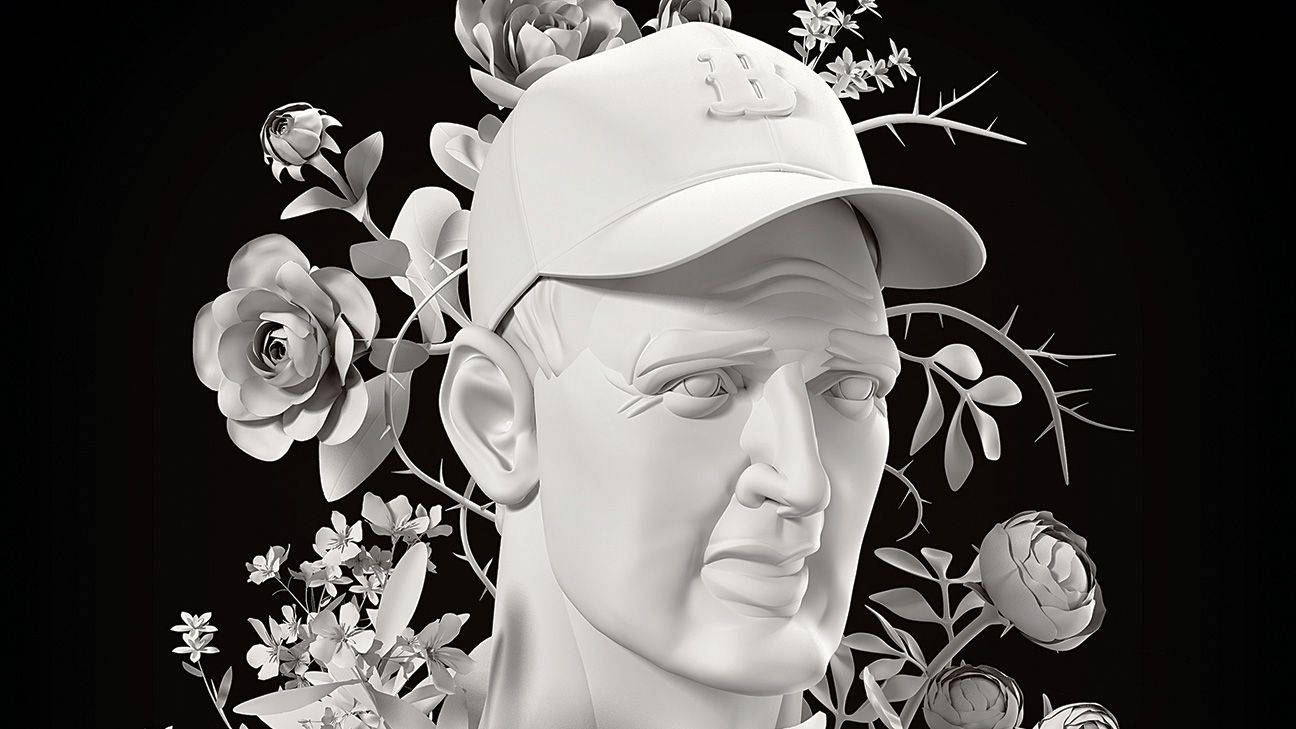 Ted Williams 桌布 壁紙 — 一個戴帽子的男人的單色3D渲染半身像，被複雜的玫瑰和多刺的藤蔓包圍，背景是黑色。