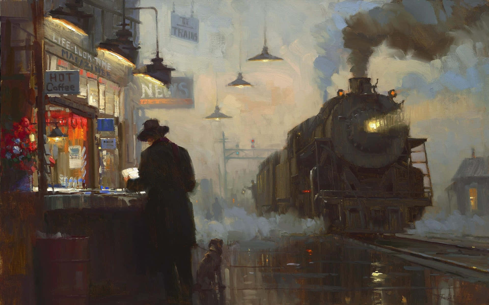 Oil Painting 桌布 壁紙 — 一個戴帽子的男人站在被雨水打濕的街角，一輛蒸汽火車在霧氣瀰漫的城市黎明中噴出煙霧。