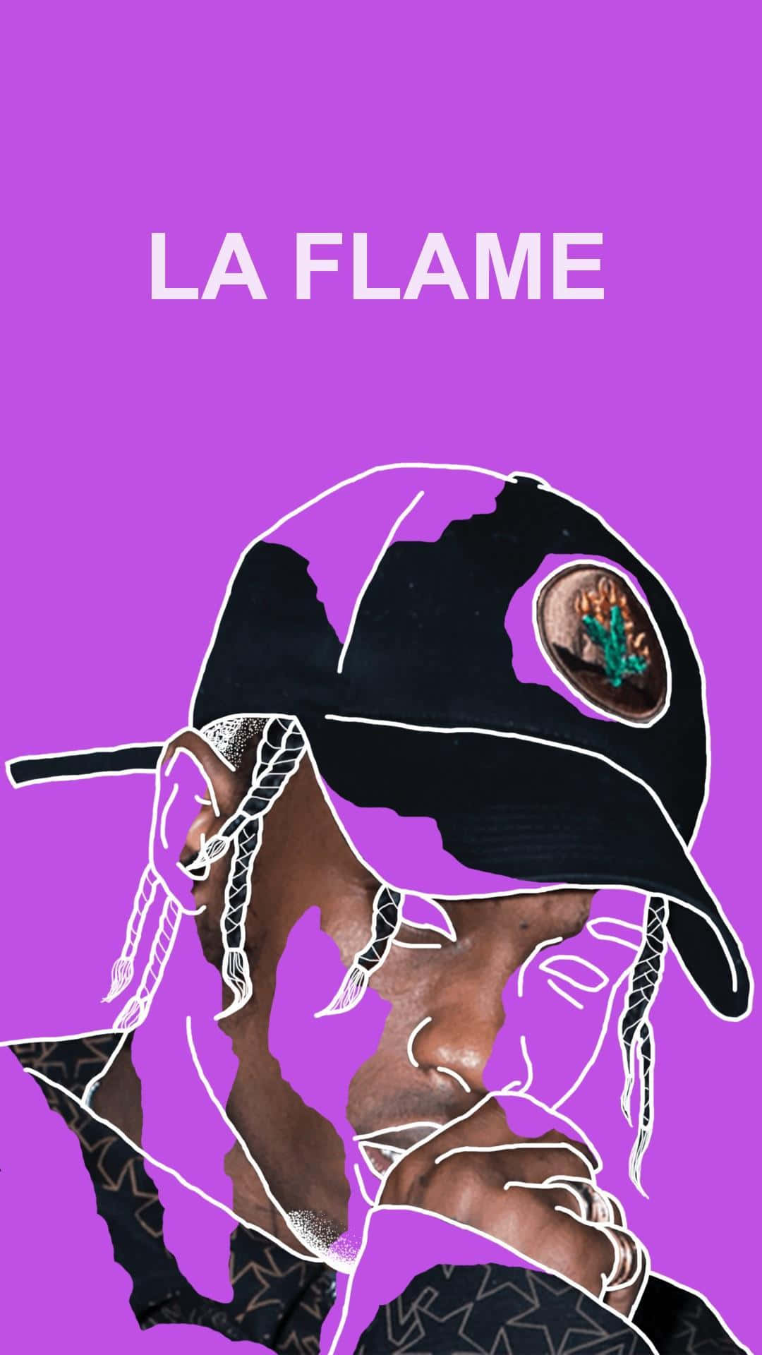 Travis Scott Cartoon 桌布 壁紙 — 一個戴帽子的男士風格化肖像，背景為鮮豔的紫色，帶有粗體白色輪廓和文字 LA FLAME。