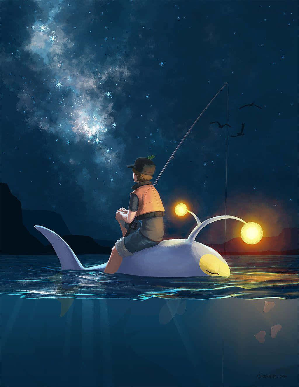 Pokemon Aesthetic 桌布 壁紙 — 一個戴帽子的男孩在星空下從發光的鯨魚上釣魚，鳥兒在頭頂飛翔。