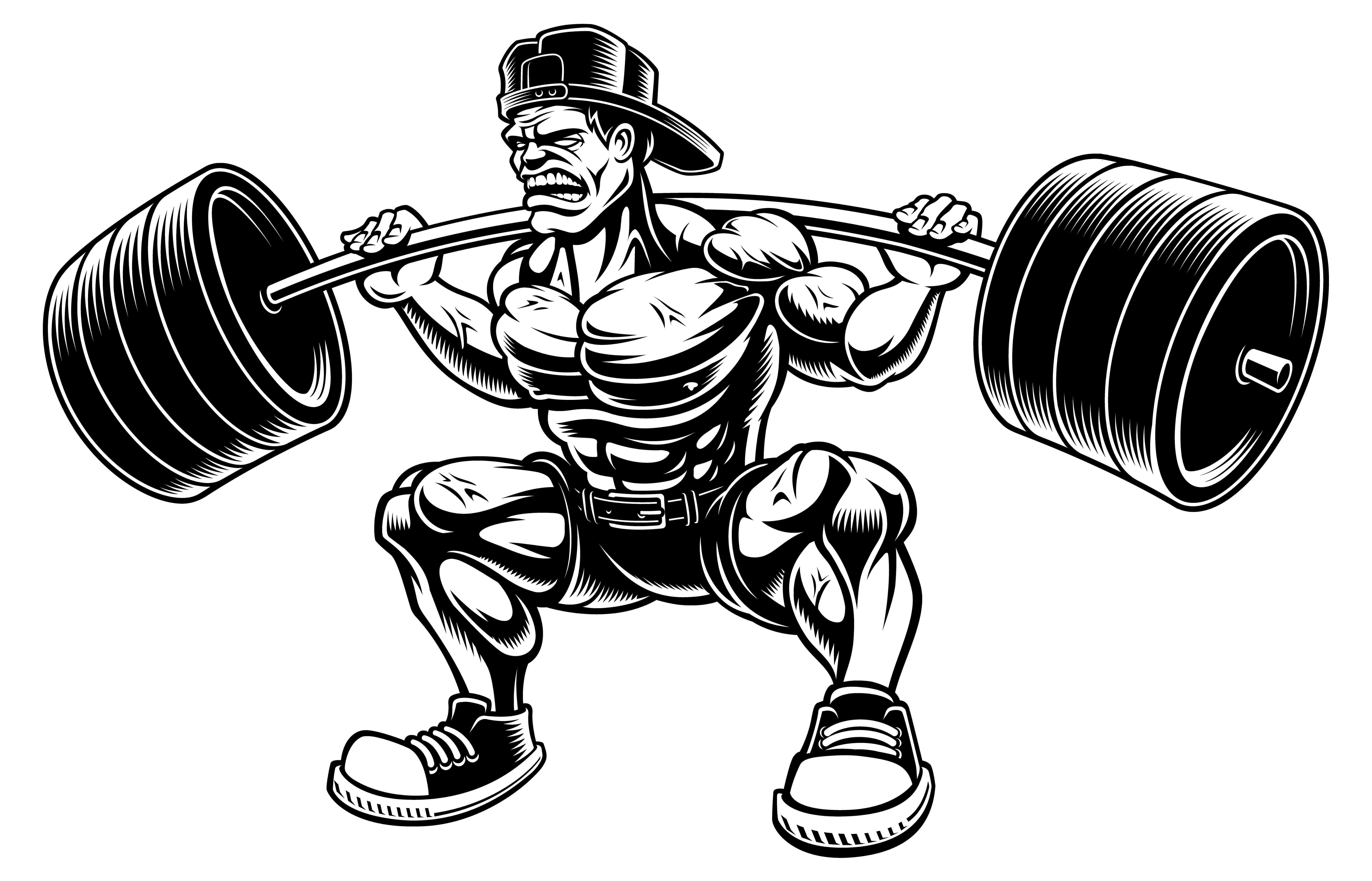 bodybuilding 桌布 壁紙 — 一個戴帽子的肌肉男在黑白插圖中用力舉起沉重的槓鈴。