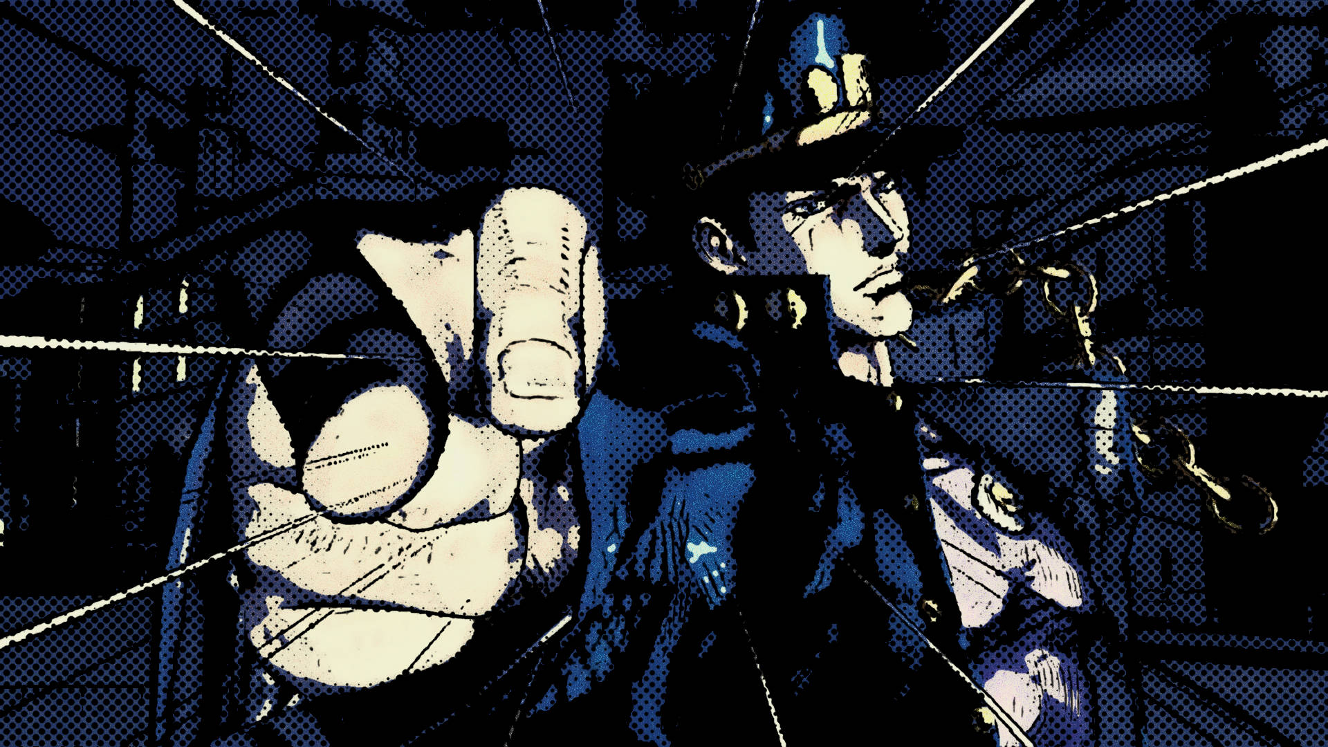 Jotaro 桌布 壁紙 — 一個戴帽子的風格化動漫角色，在深色背景下以堅定的表情直接指向觀眾。