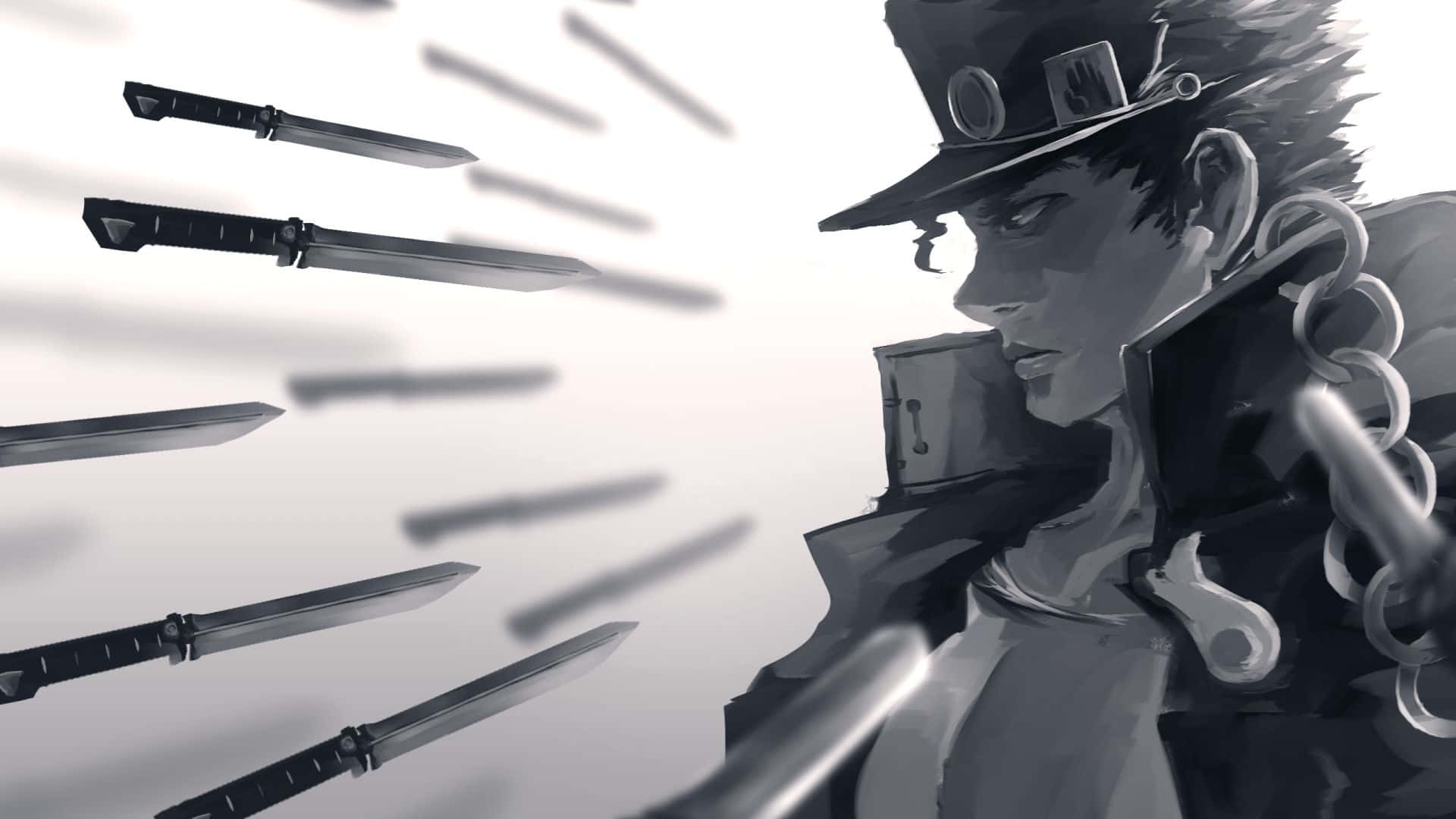Jjba 桌布 壁紙 — 一個戴帽子的風格化動漫角色揮舞著鎖鏈，刀刃在他周圍飛舞，構成動態的黑白場景。
