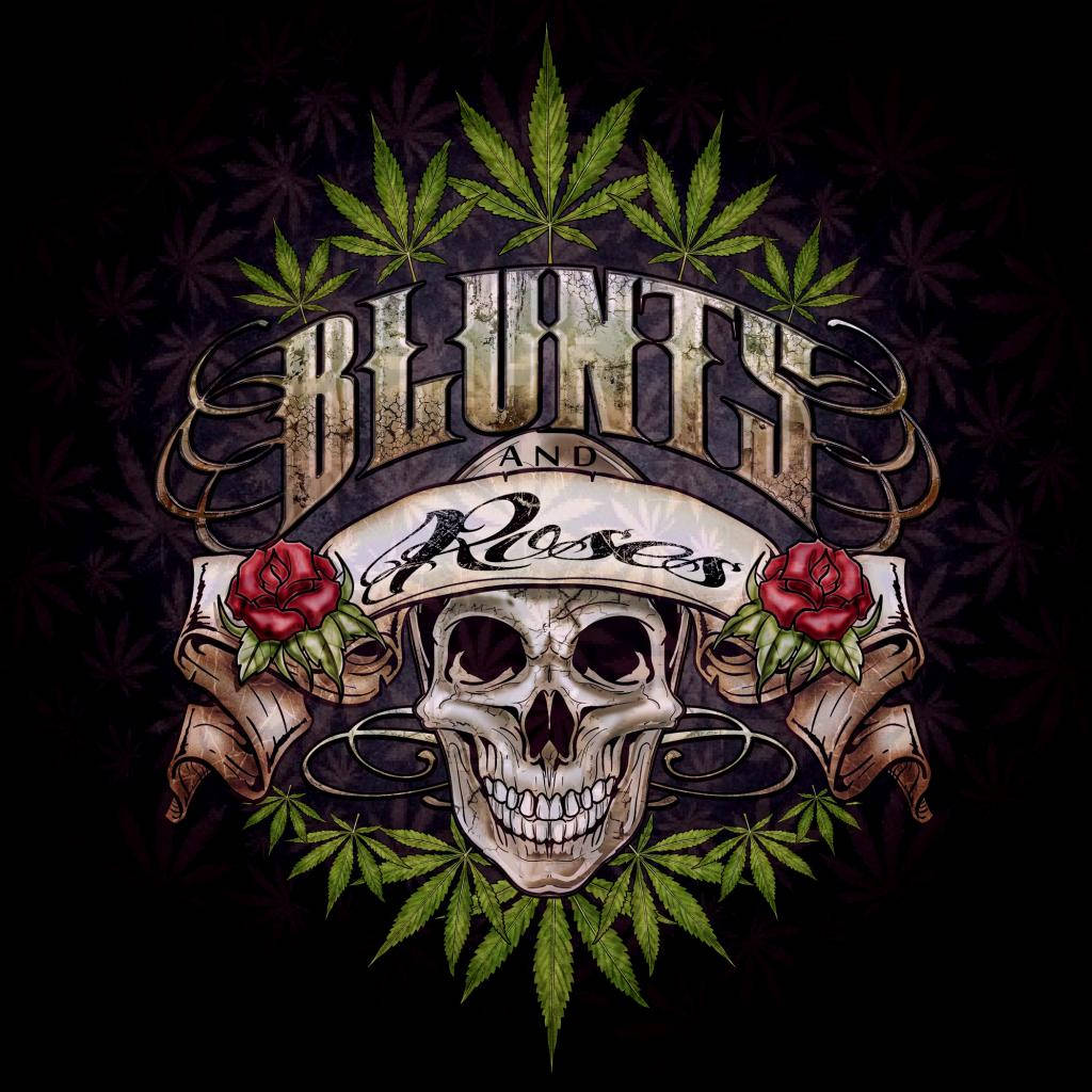 Blunt 桌布 壁紙 — 一個戴帽子的骷髏頭，帽子上有「Blunts and Roses」字樣，兩側是紅玫瑰和大麻葉，背景深色。