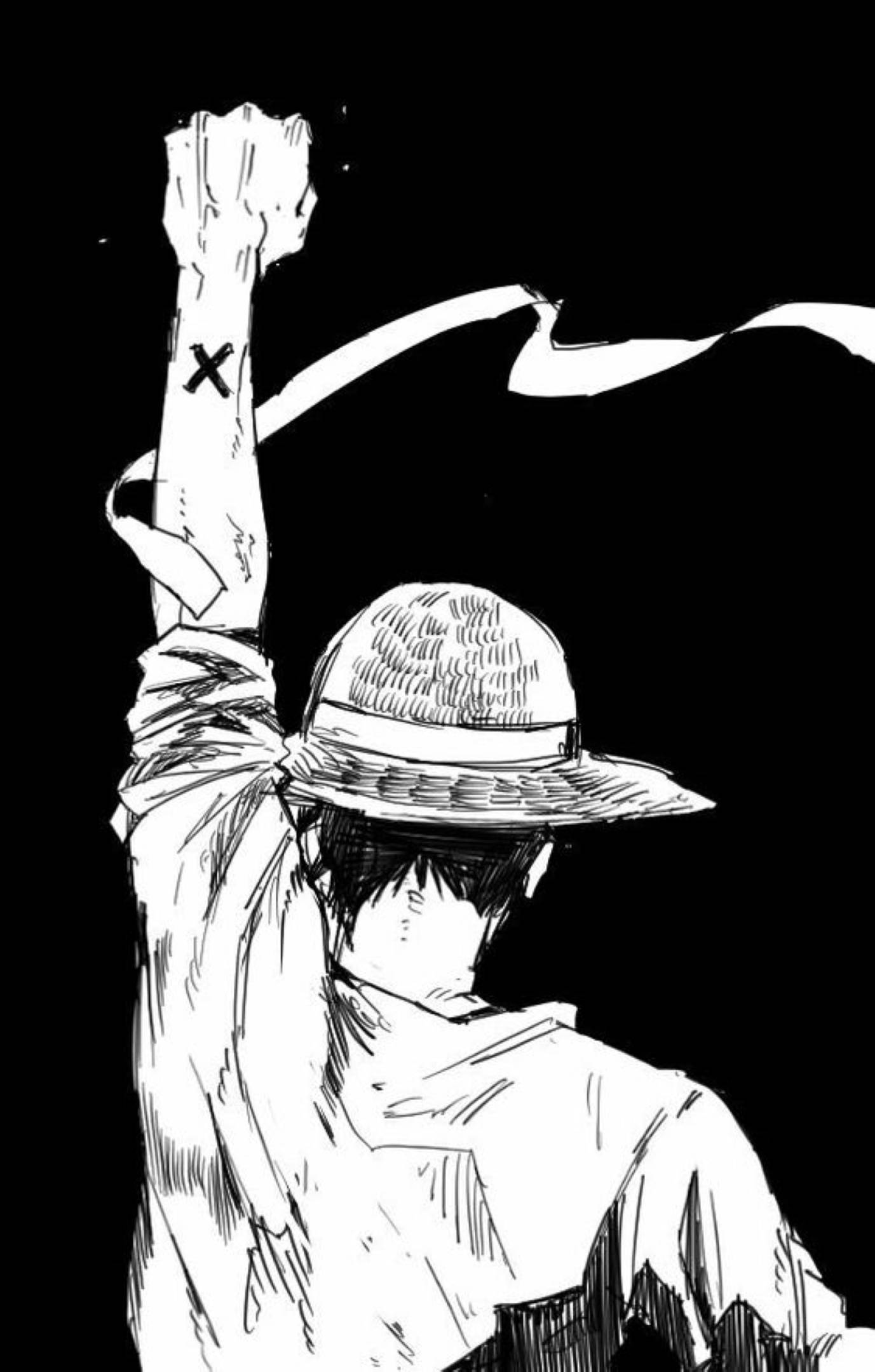 蒙其·D·魯夫 桌布 壁紙 — 一個戴帽子的黑白插圖人物，在黑色背景下舉起紋身的拳頭。
