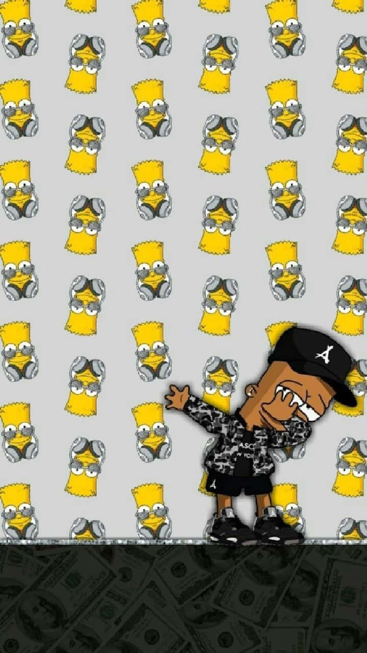 Simpsons Aesthetic 桌布 壁紙 — 一個戴帽子穿夾克的卡通角色站在一堆錢上面，背景是重複的 Bart Simpson 壁紙。