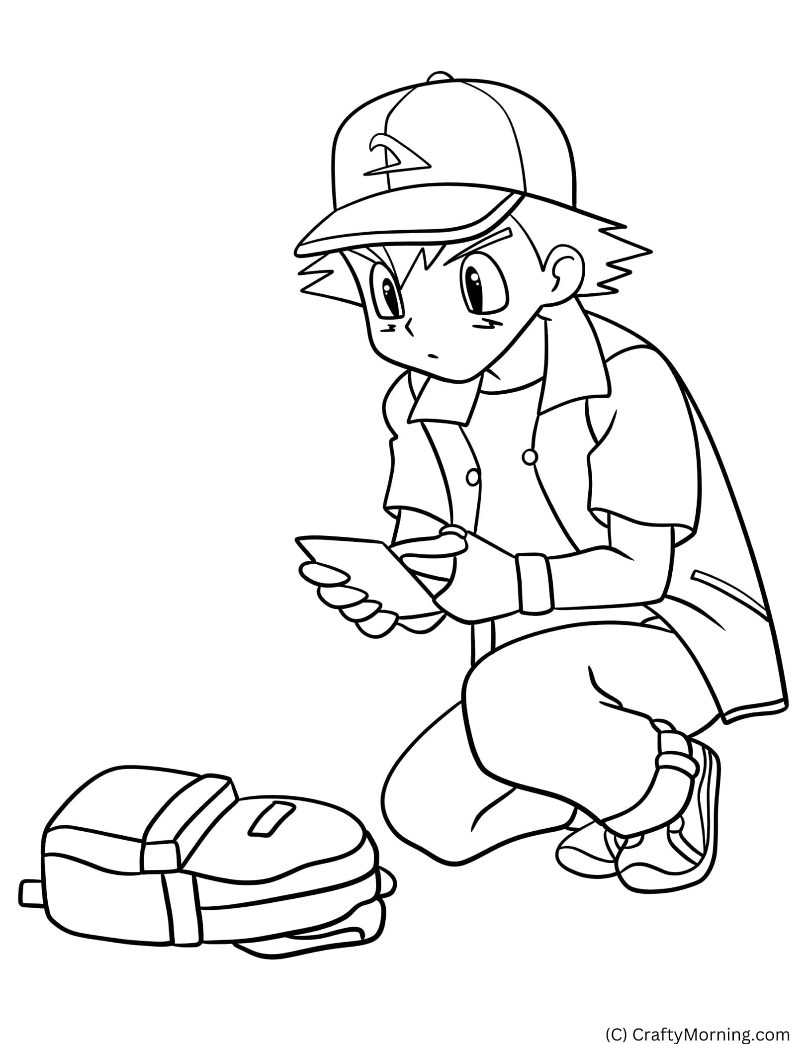 Pokemon Coloring 桌布 壁紙 — 一個戴帽男孩蹲著拿卡，旁邊有背包的黑白線條畫。