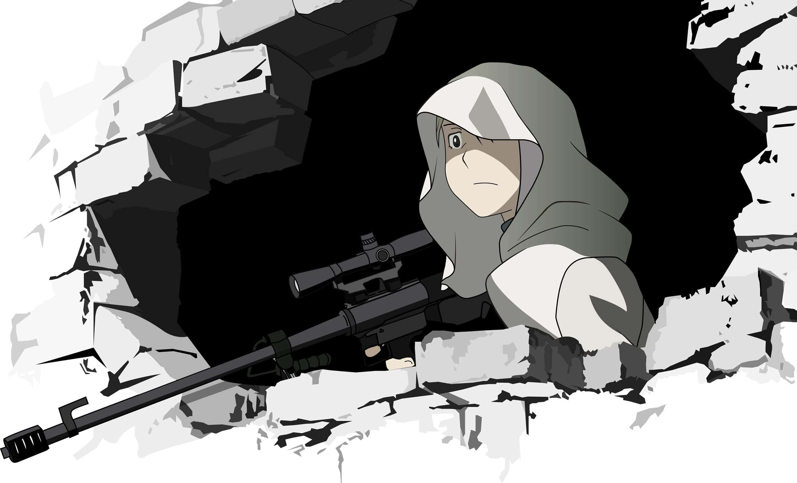 Riza Hawkeye 桌布 壁紙 — 一個戴帽的動漫狙擊手蹲在破碎的石牆中，專注地瞄準步槍。