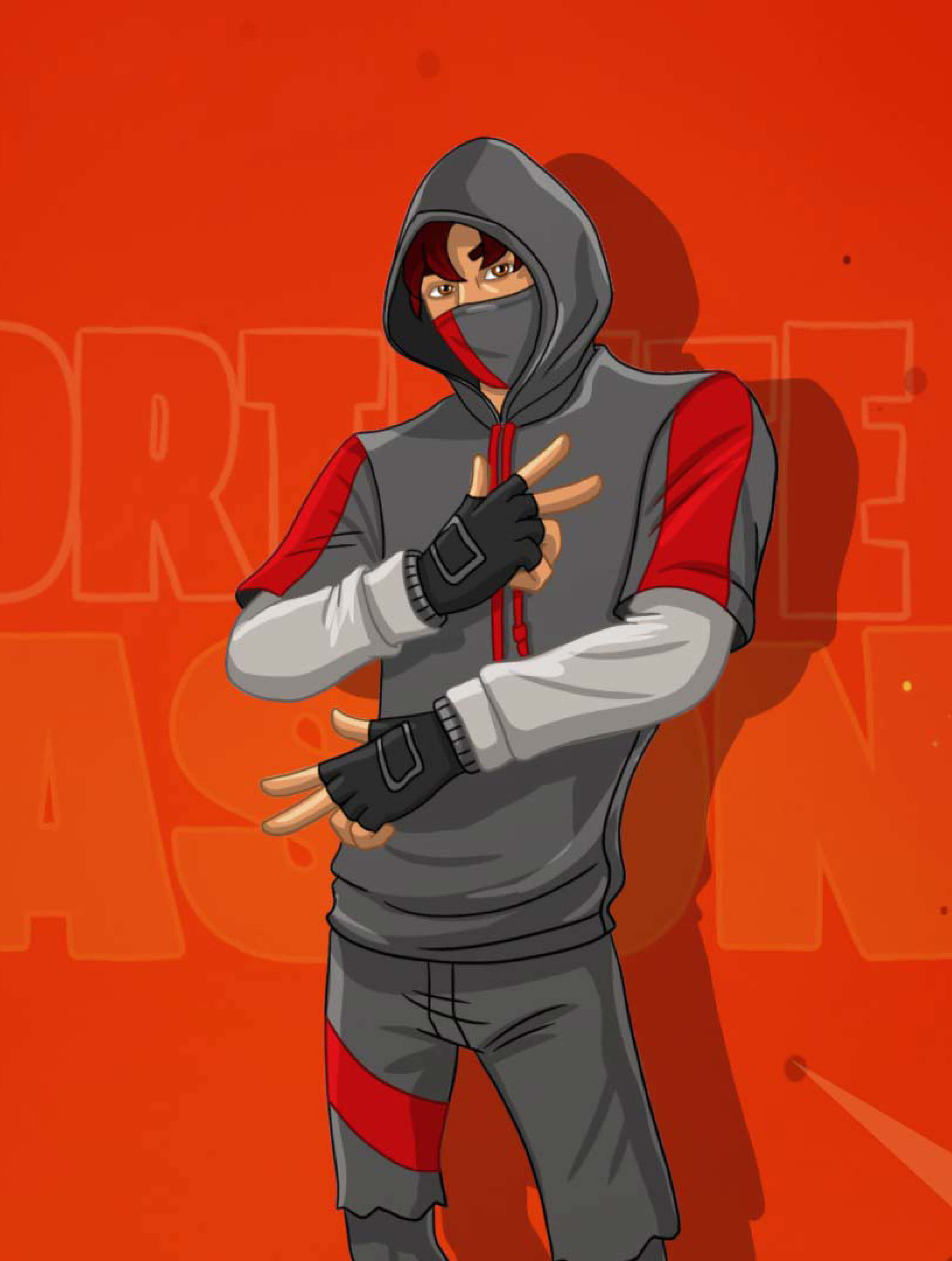 Fortnite Ikonik Skin 桌布 壁紙 — 一個戴帽的動漫角色，身穿灰色和紅色裝備，在帶有模糊文字的醒目橙色背景上自信地指著。