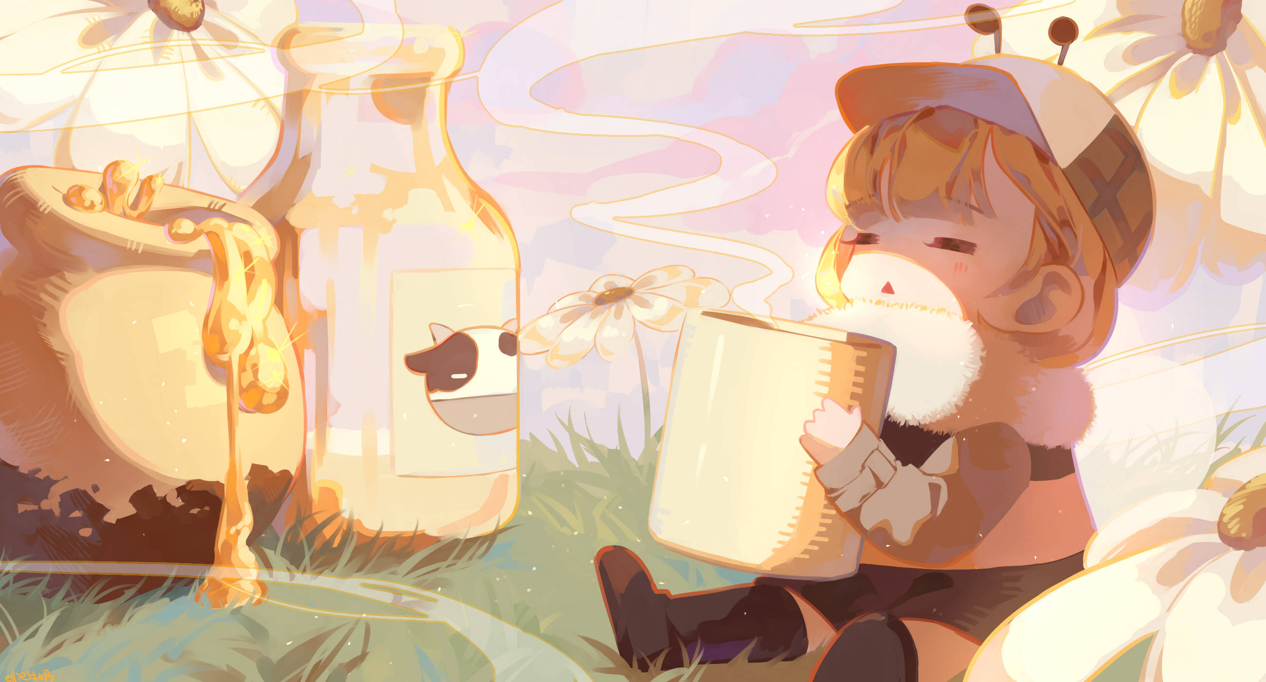 Amelia 桌布 壁紙 — 一個戴帽的可愛蜜蜂小孩在柔光閃爍的田野中，從蜂蜜罐和雛菊旁的杯子啜飲蜂蜜。