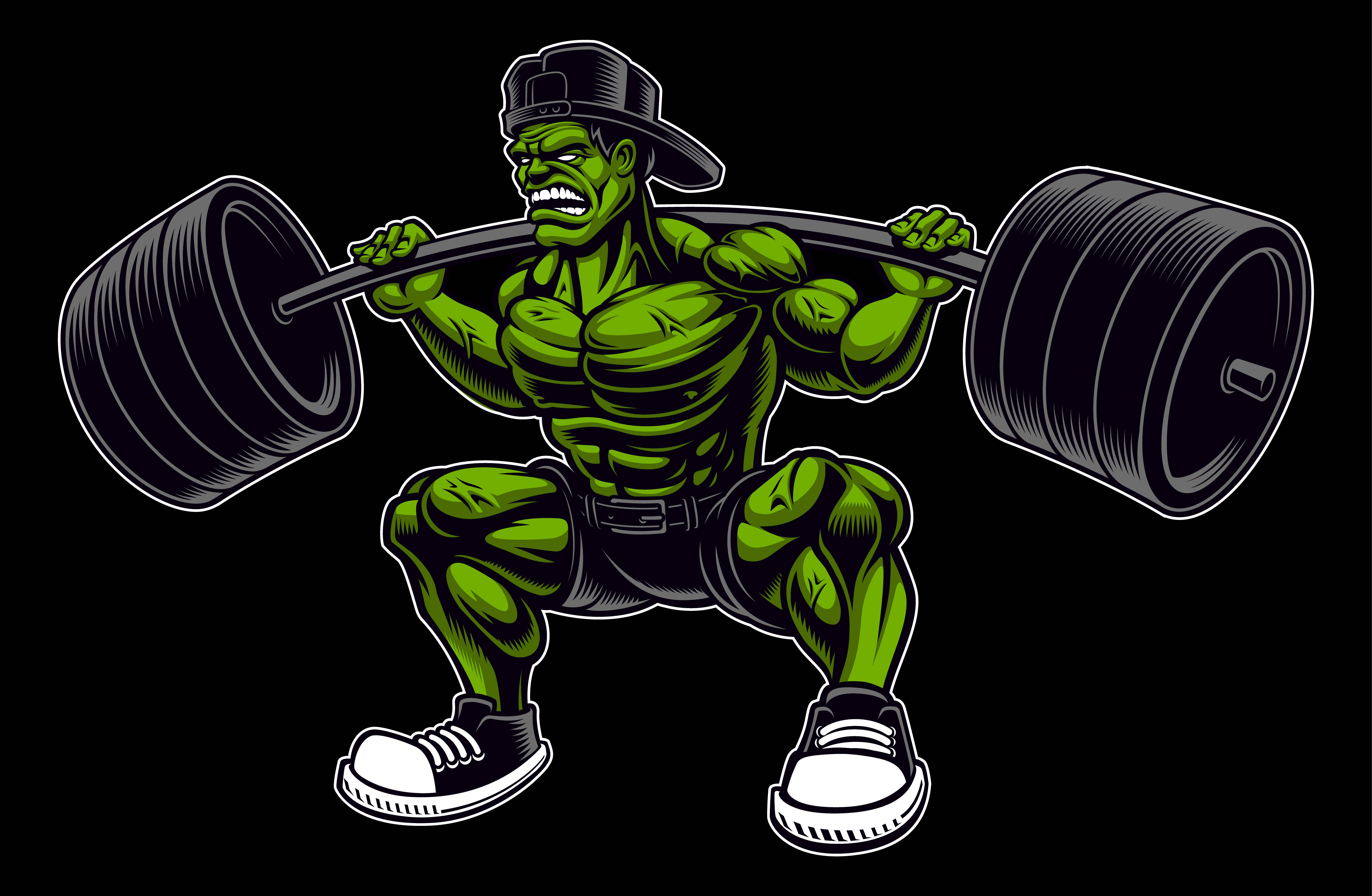 Barbell 桌布 壁紙 — 一個戴帽的綠色肌肉卡通角色，在黑色背景前專注地舉起沉重的槓鈴。