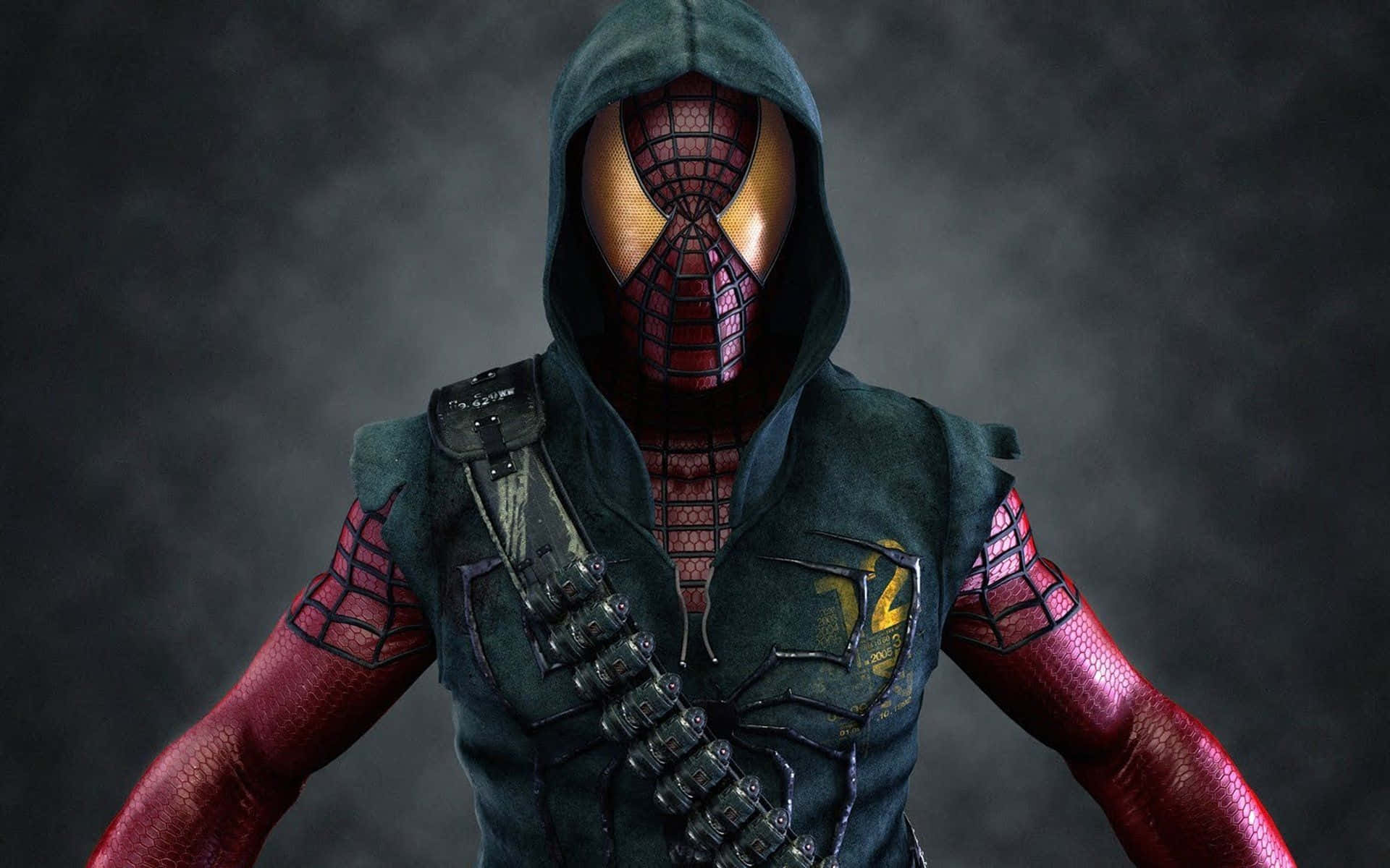 Marvel Movie 桌布 壁紙 — 一個戴帽的蜘蛛人穿著深綠色背心，站在煙霧彌漫的灰色背景前，眼睛發出琥珀色光芒。