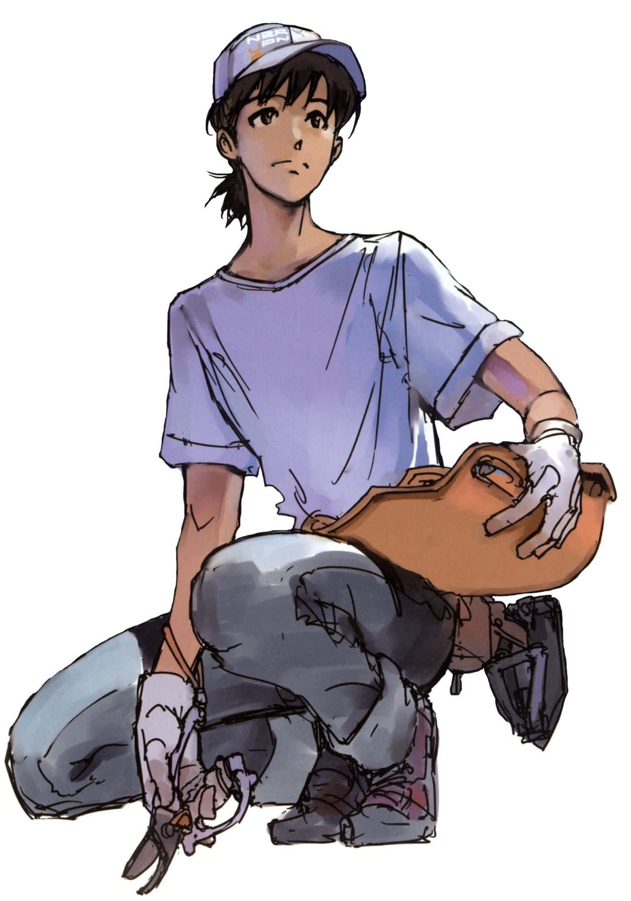 Shinji Ikari 桌布 壁紙 — 一個戴帽穿T恤的動漫風格男孩跪著，手持一個陶罐，附近有工具。