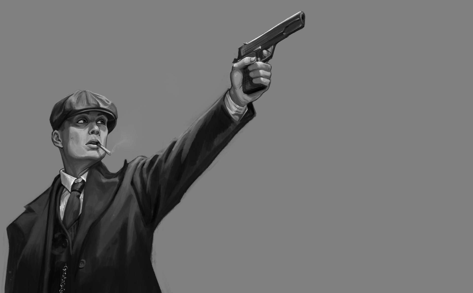 戴平頂帽、穿西裝的男人，抽煙時用手槍指著。 — Peaky Blinders 壁紙