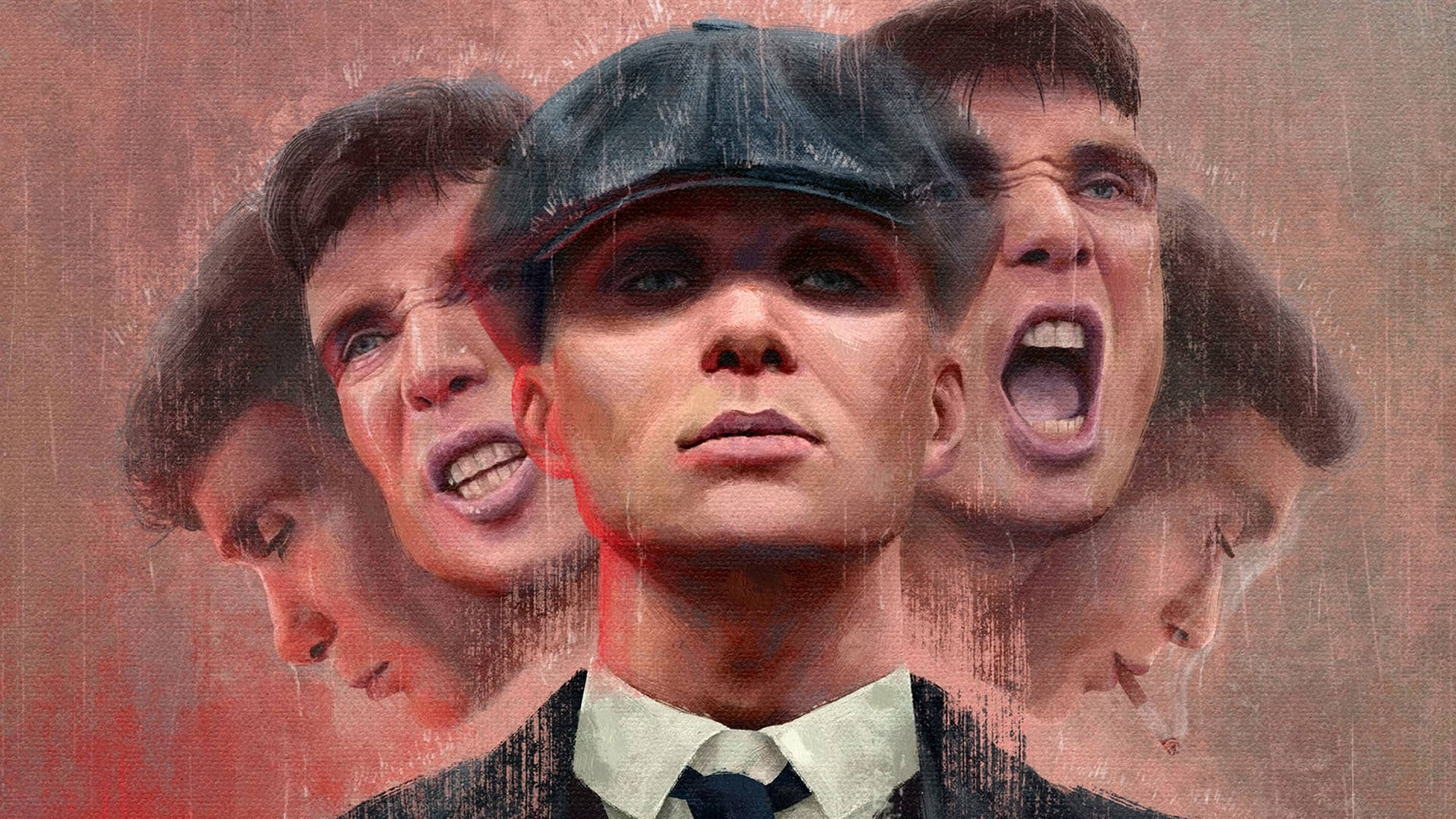 一個戴平頂帽的男人，周圍有多個強烈的面部表情。 — Peaky Blinders 壁紙